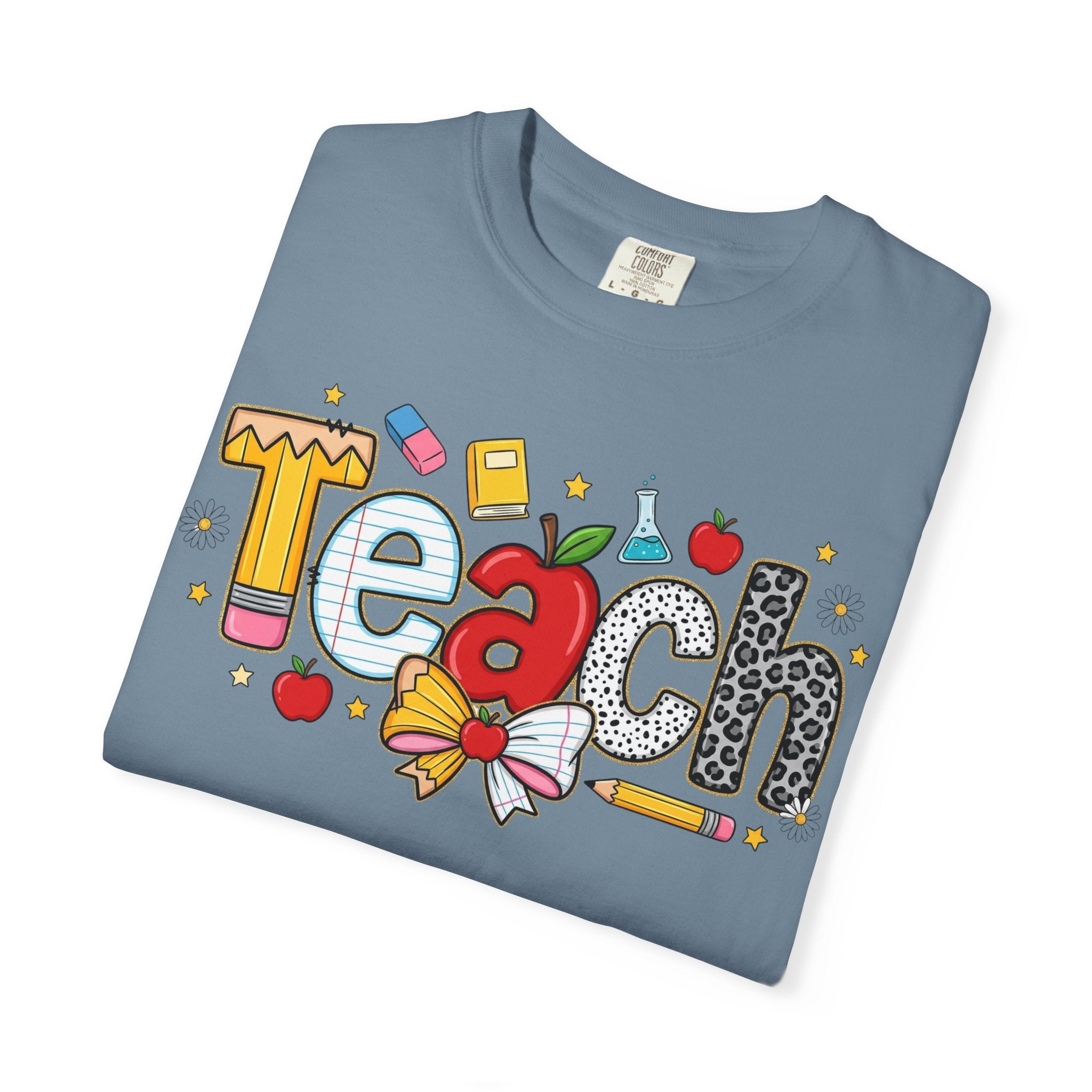 Teach Graphic T-Shirt — Cute School Teacher Gift (Apple, Pencil & Bow Design)