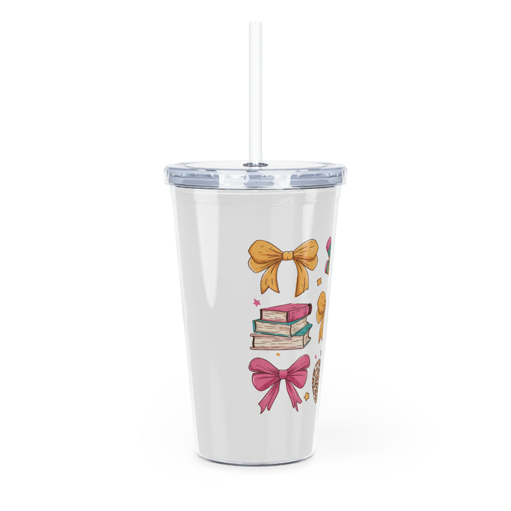 Teacher Life Plastic Tumbler with Straw — Books, Apple & Coffee Bow Tie Design