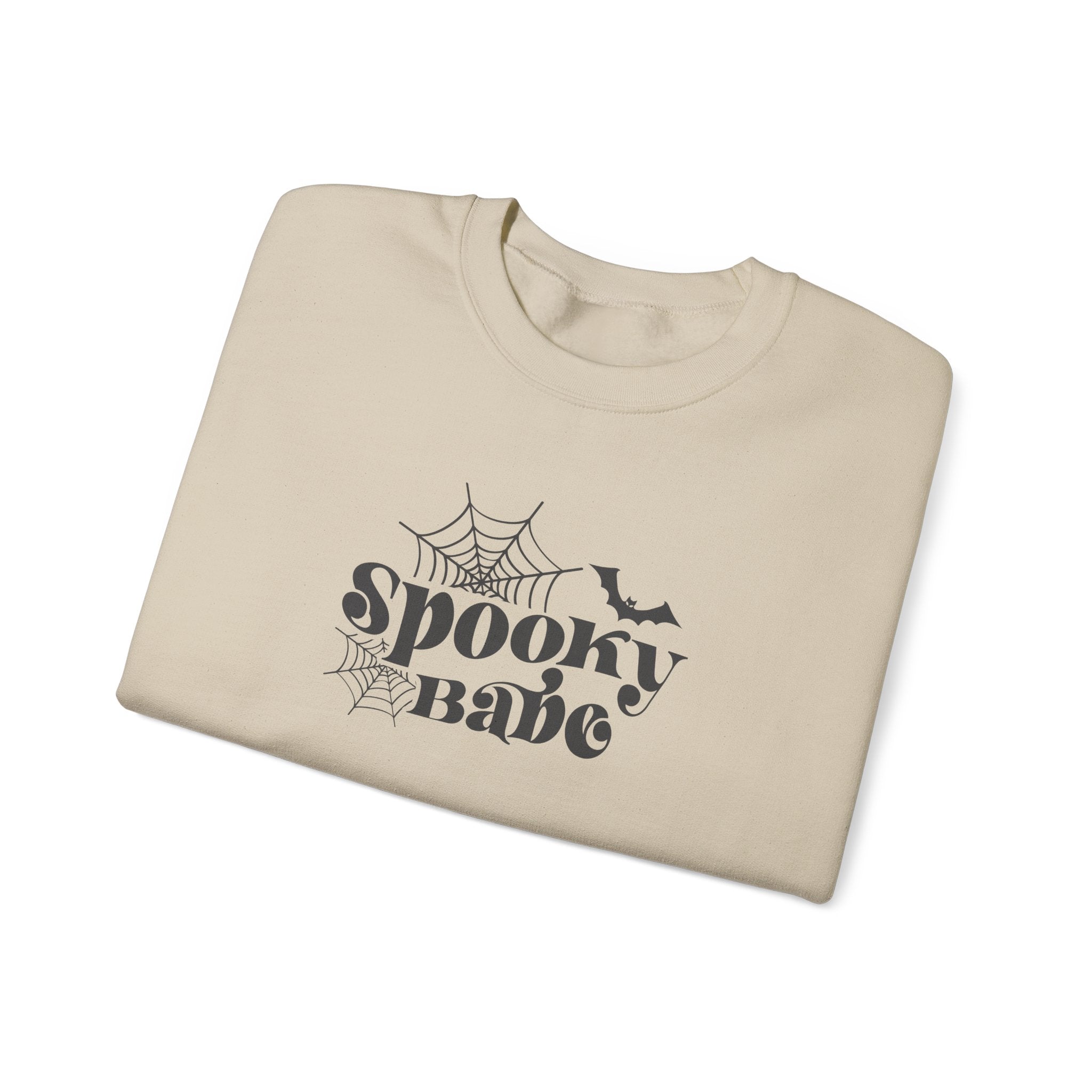 Spooky Babe Crewneck Sweatshirt — Halloween Spiderweb & Bat Graphic