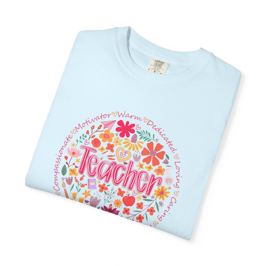 Teacher Floral Circle T-Shirt | Handlettered Teacher Typography, Bright Flower Design