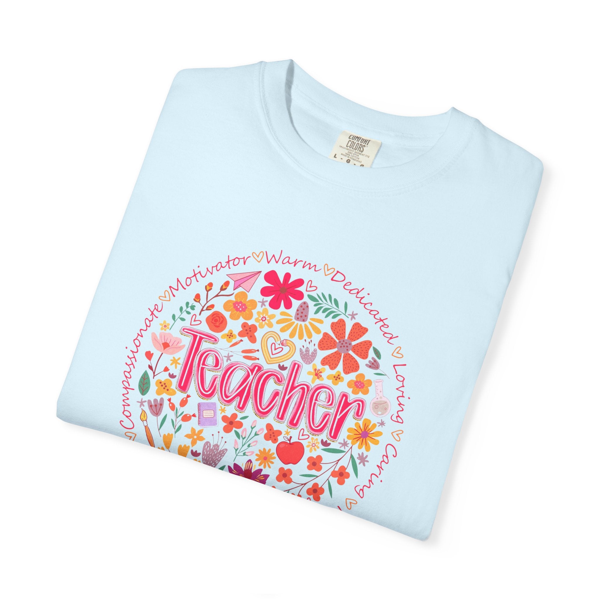 Teacher Floral Circle T-Shirt | Handlettered Teacher Typography, Bright Flower Design