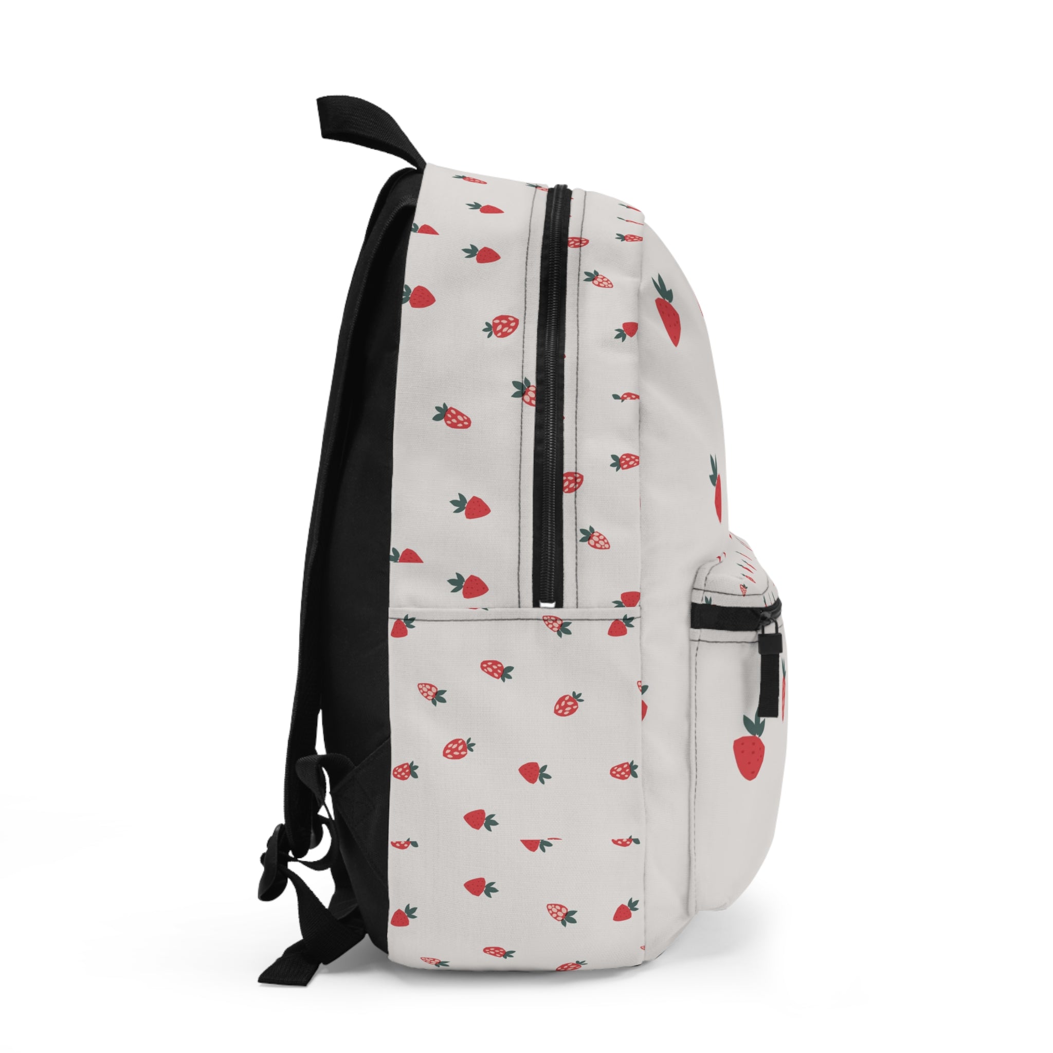 Strawberry Pattern Backpack — Cute White Fruit Print School Bag