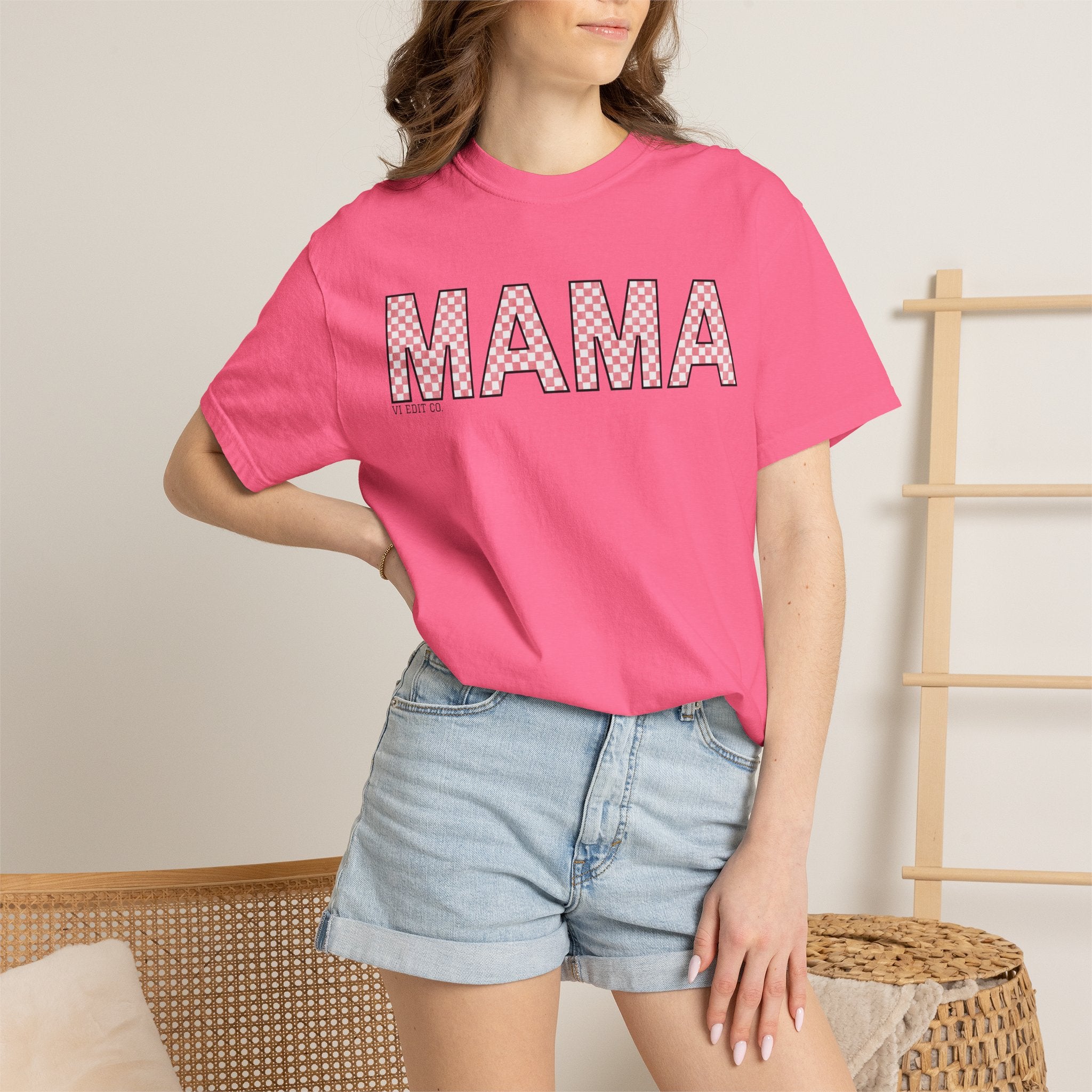 Mama Checkered Letters T-Shirt | Pink Plaid Typography Tee