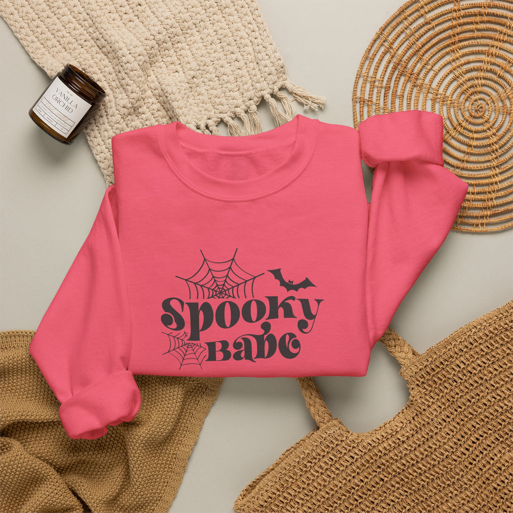 Spooky Babe Crewneck Sweatshirt — Halloween Spiderweb & Bat Graphic