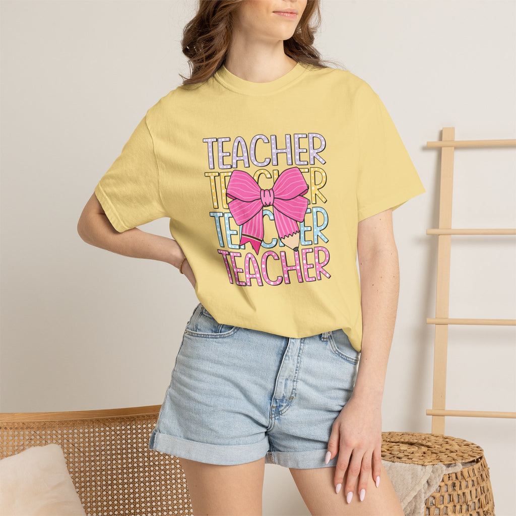 Teacher Stack with Pink Bow T-shirt | Teacher Typography Shirt