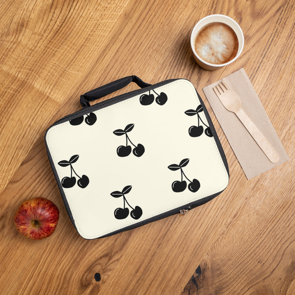 Cherry Pattern Lunch Bag — Retro Black Cherry Insulated Tote