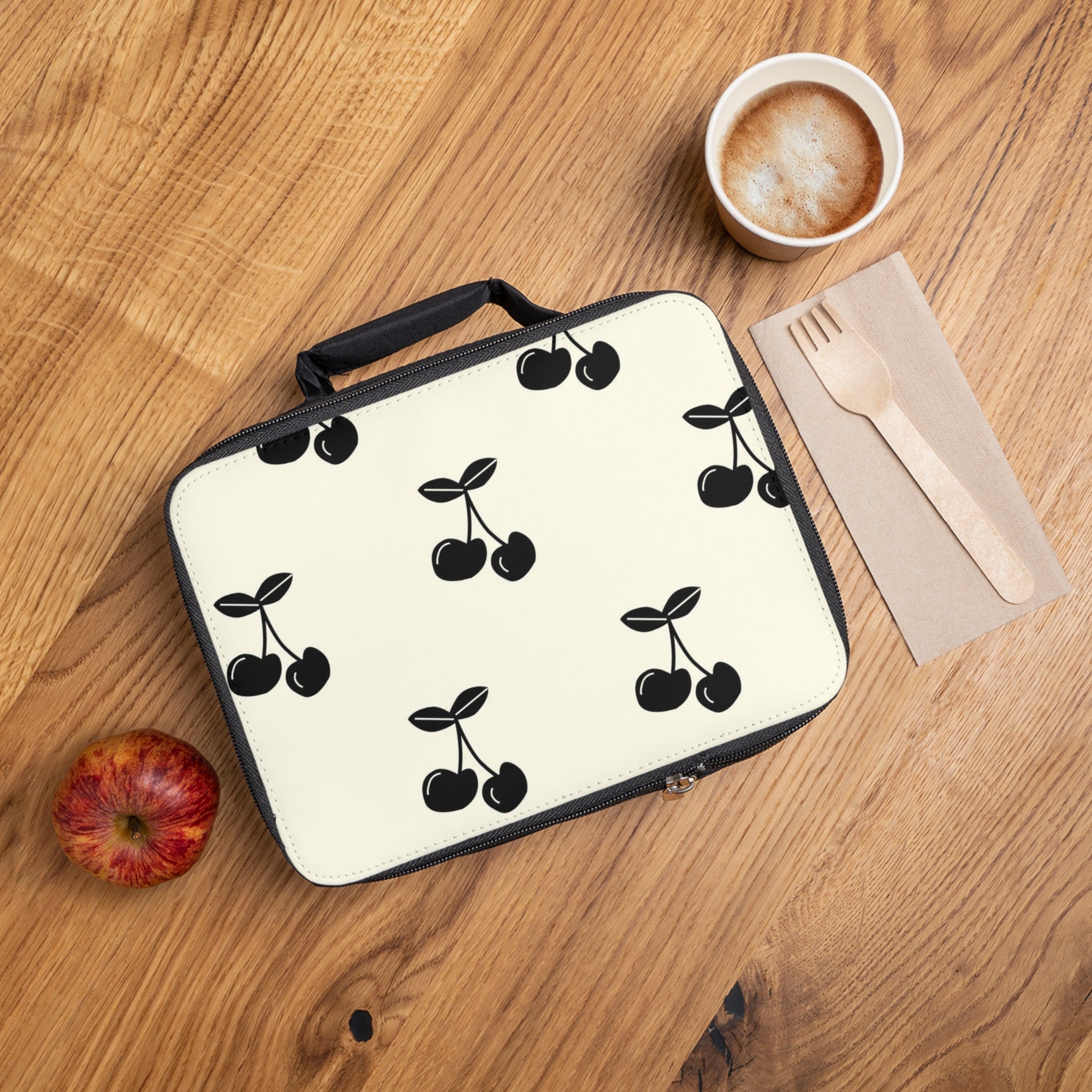Cherry Pattern Lunch Bag — Retro Black Cherry Insulated Tote