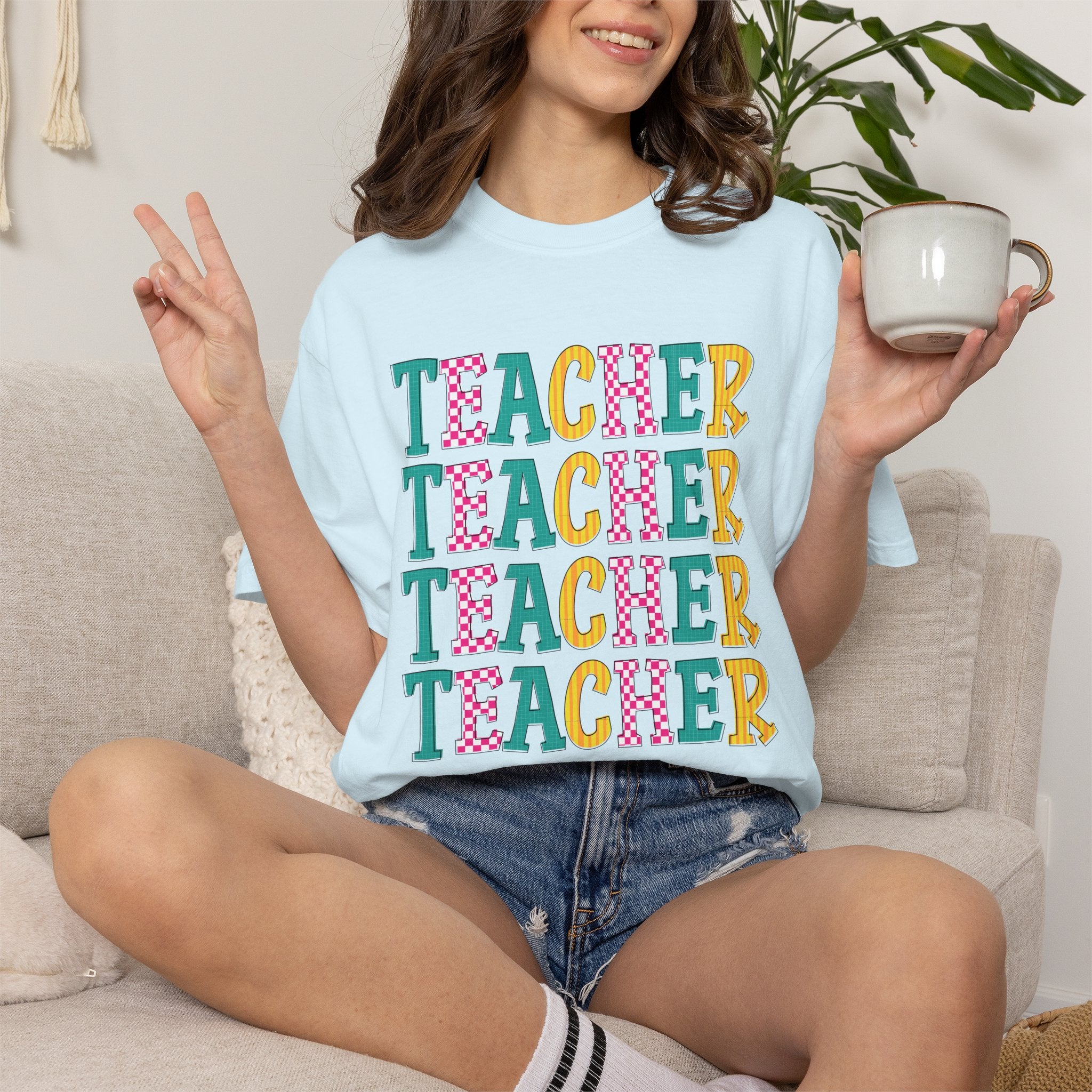 Teacher Repeat Pattern T-Shirt — Colorful Back-to-School Gift