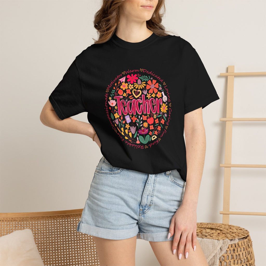 Teacher Floral Circle T-Shirt | Handlettered Teacher Typography, Bright Flower Design