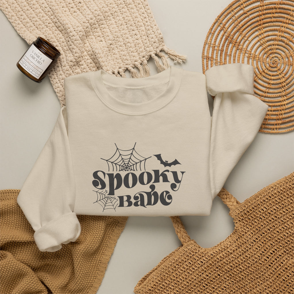 Spooky Babe Crewneck Sweatshirt — Halloween Spiderweb & Bat Graphic