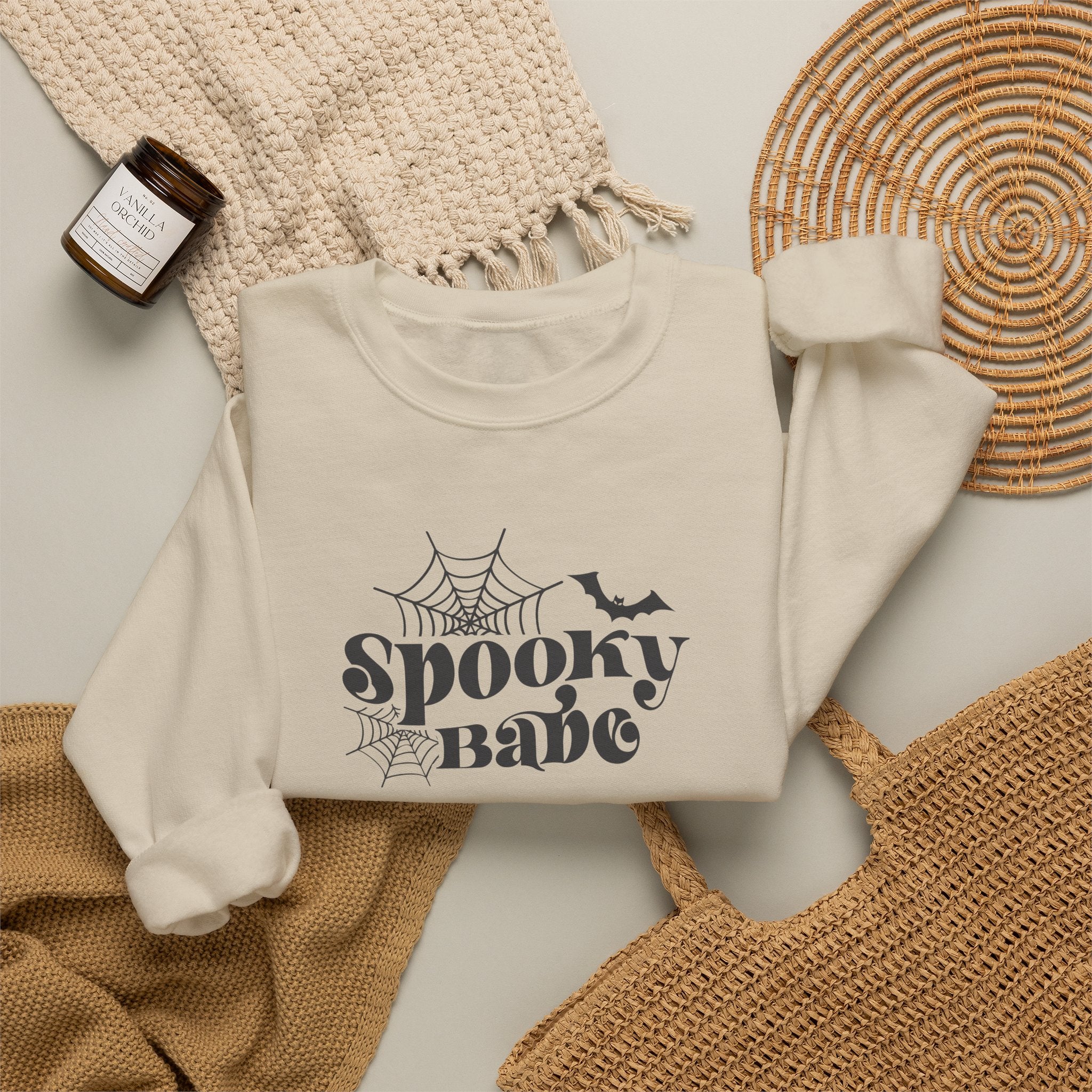 Spooky Babe Crewneck Sweatshirt — Halloween Spiderweb & Bat Graphic