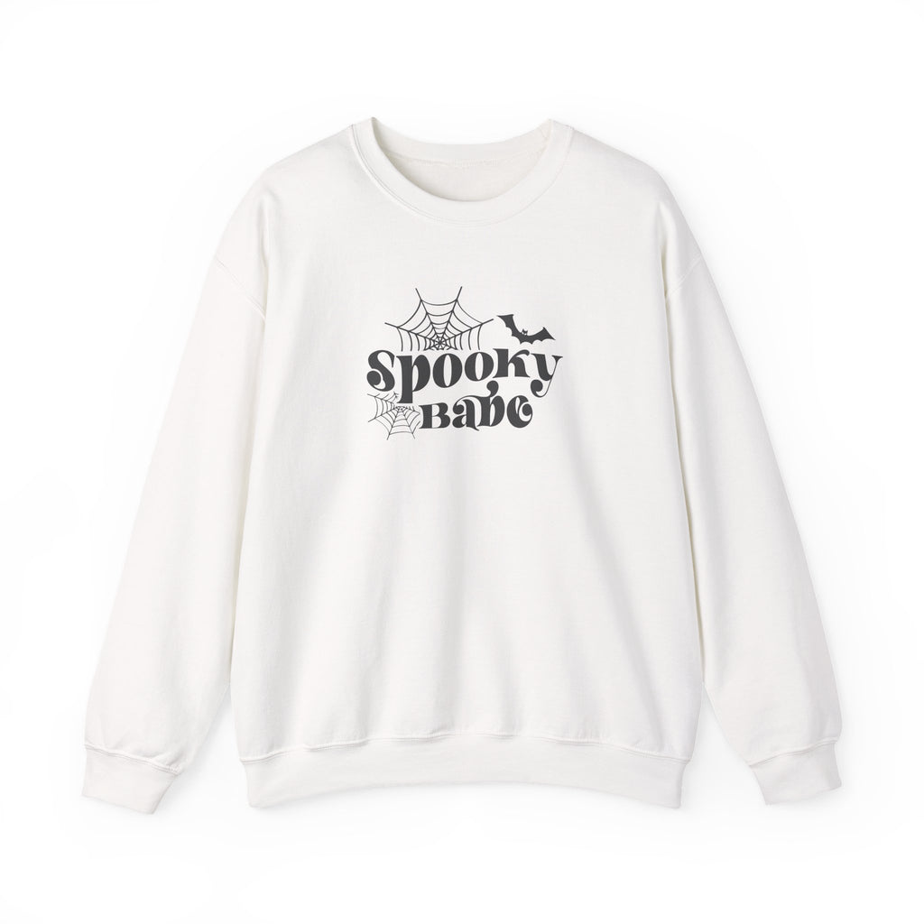 Spooky Babe Crewneck Sweatshirt — Halloween Spiderweb & Bat Graphic