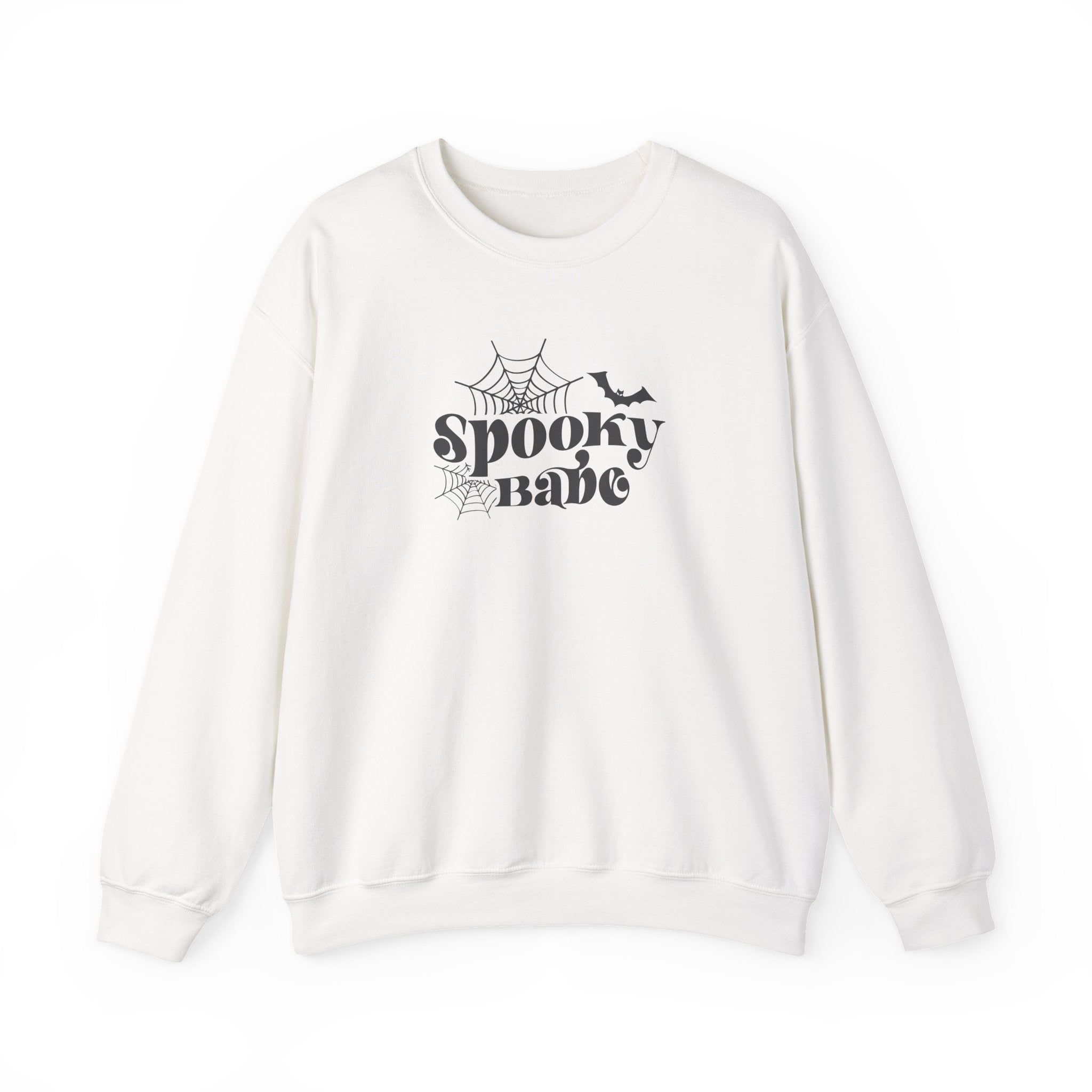Spooky Babe Crewneck Sweatshirt — Halloween Spiderweb & Bat Graphic
