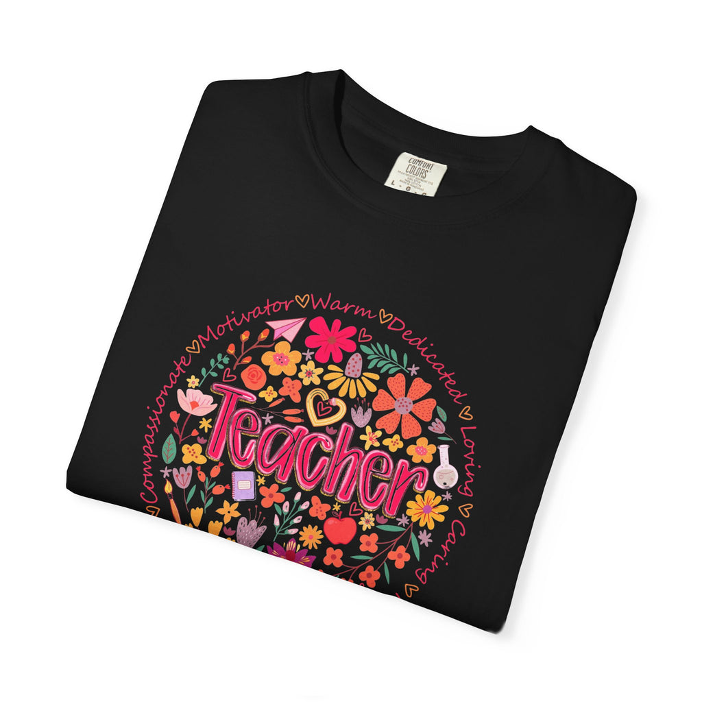 Teacher Floral Circle T-Shirt | Handlettered Teacher Typography, Bright Flower Design