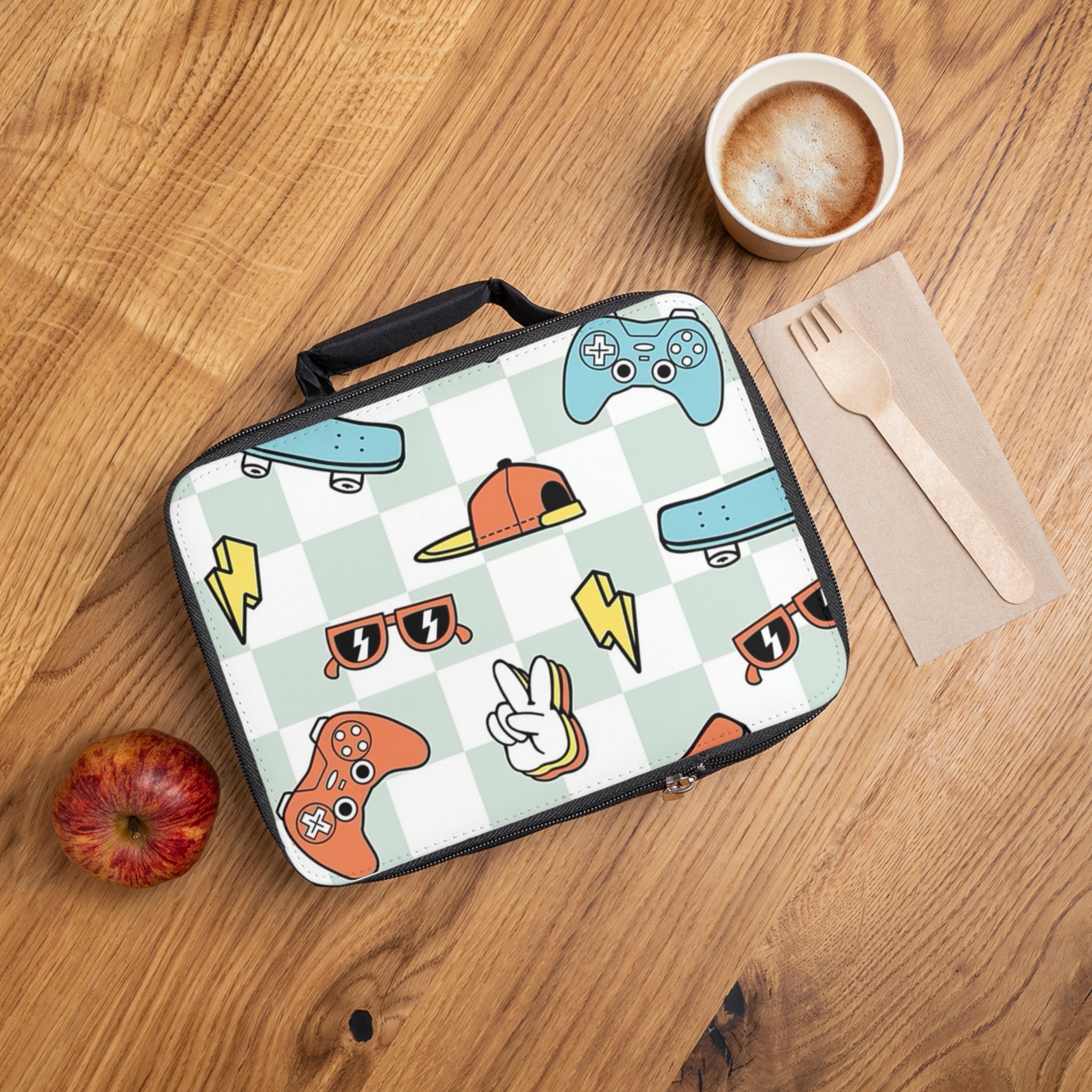 Retro Gamer Pattern Lunch Bag — Skateboards, Controllers & Cap Kids Lunchbox