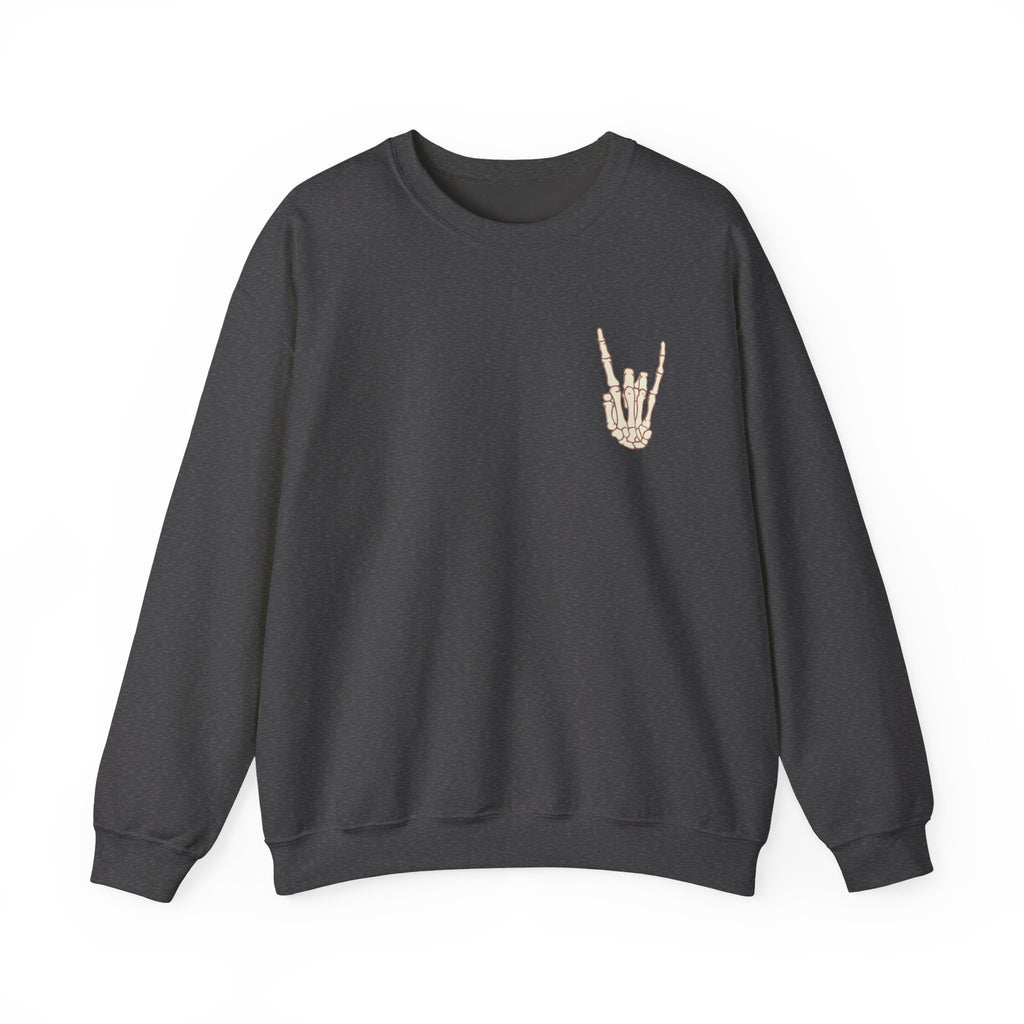 Halloweentown University Crewneck Sweatshirt — Skeleton Hand Rock On Pullover