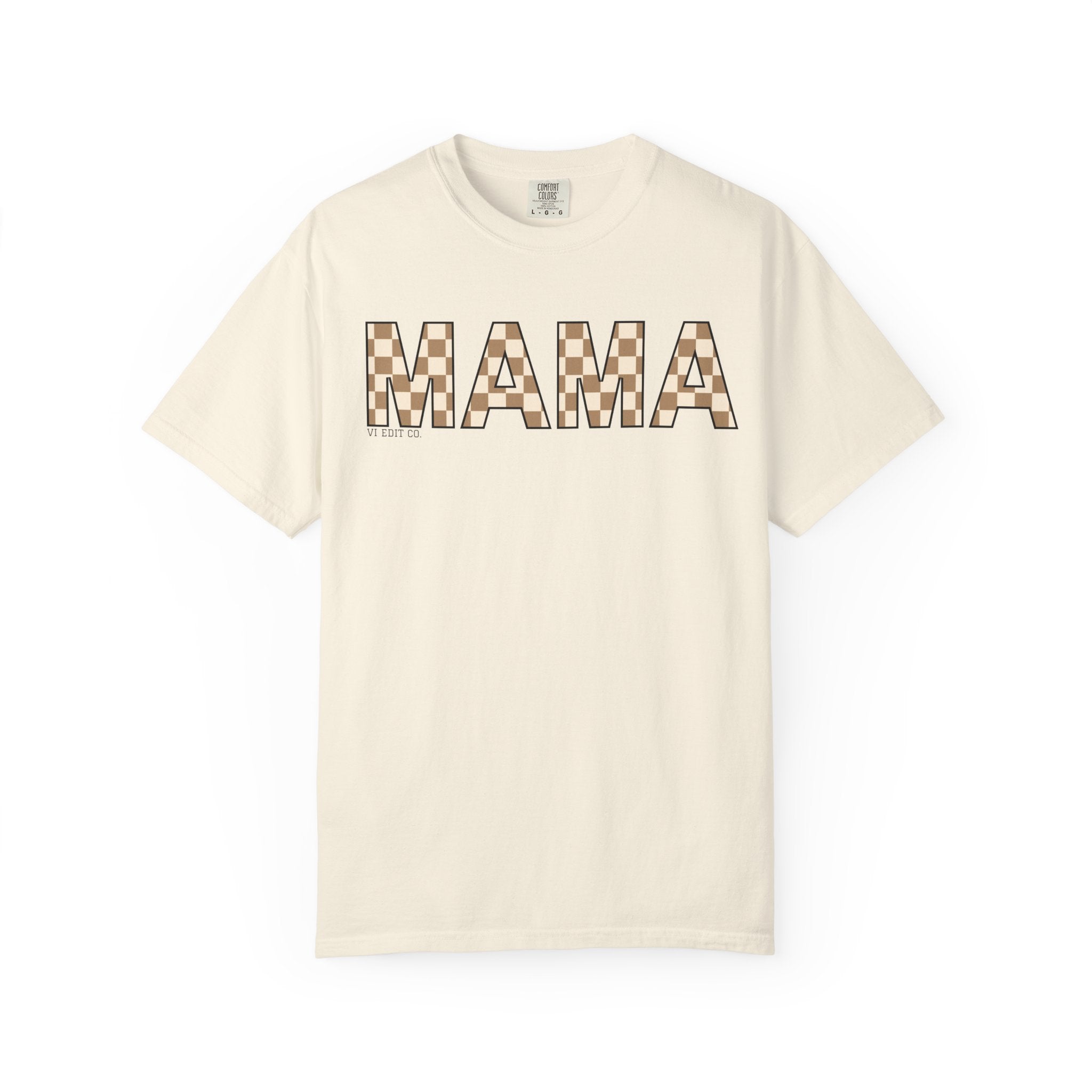 Mama Checkerboard T-Shirt | Mom Typography Tee, Neutral Plaid Letters