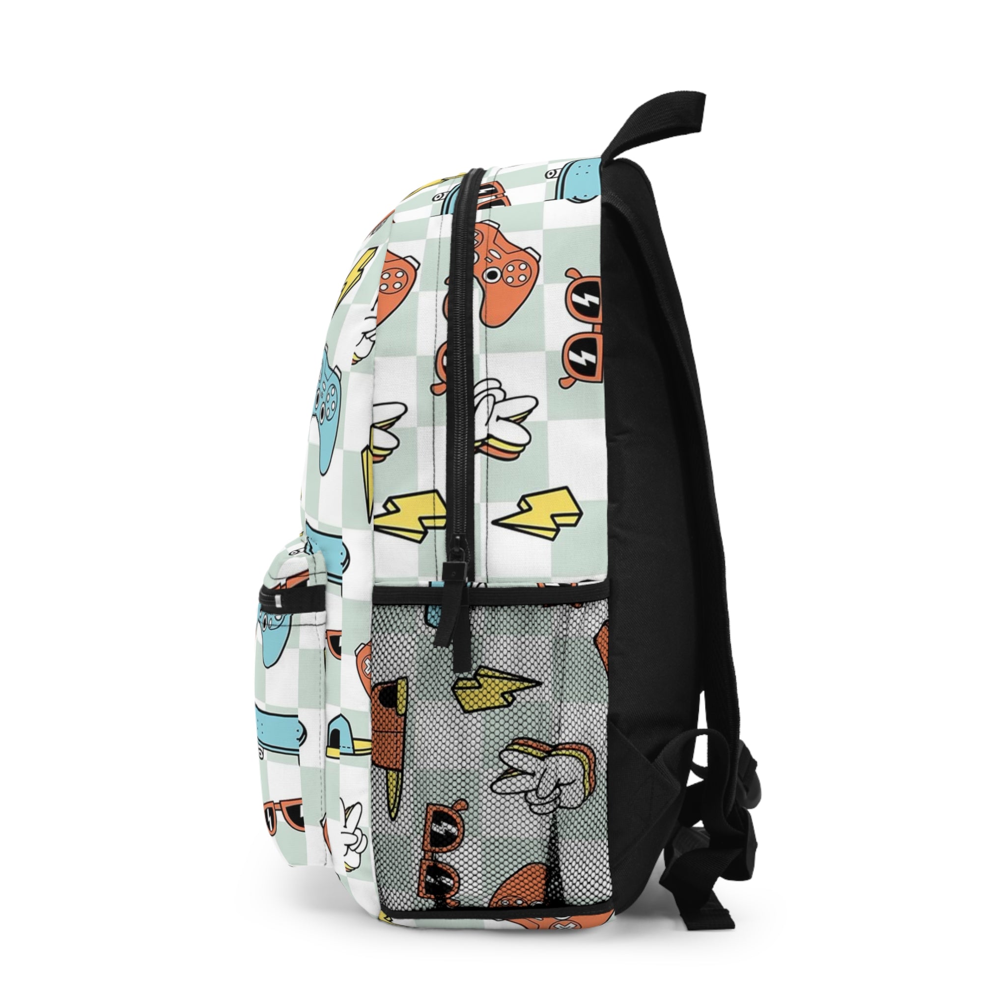 Youth Skate & Game Pattern Backpack — Retro Skateboards, Controllers & Sunglasses Print