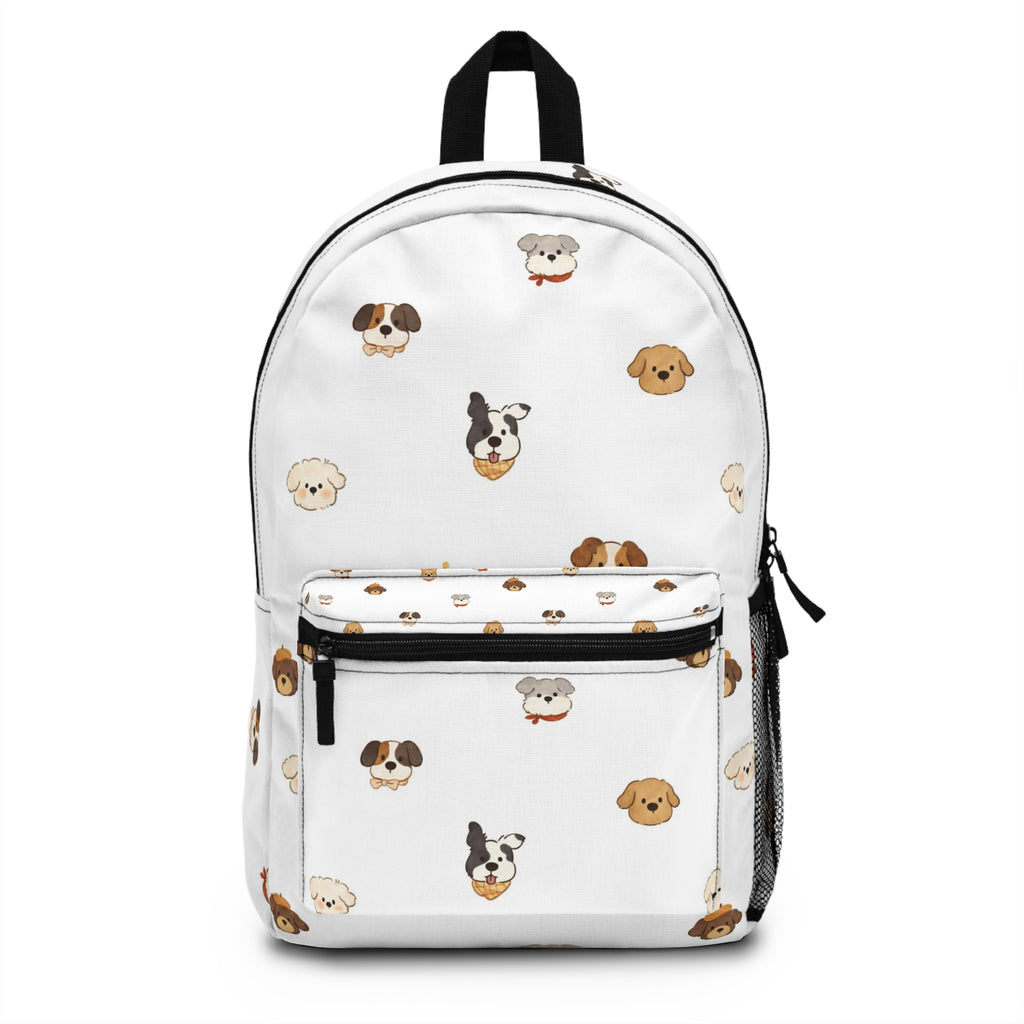 Cute Puppy Faces Backpack – White Dog Pattern School & Travel Bag