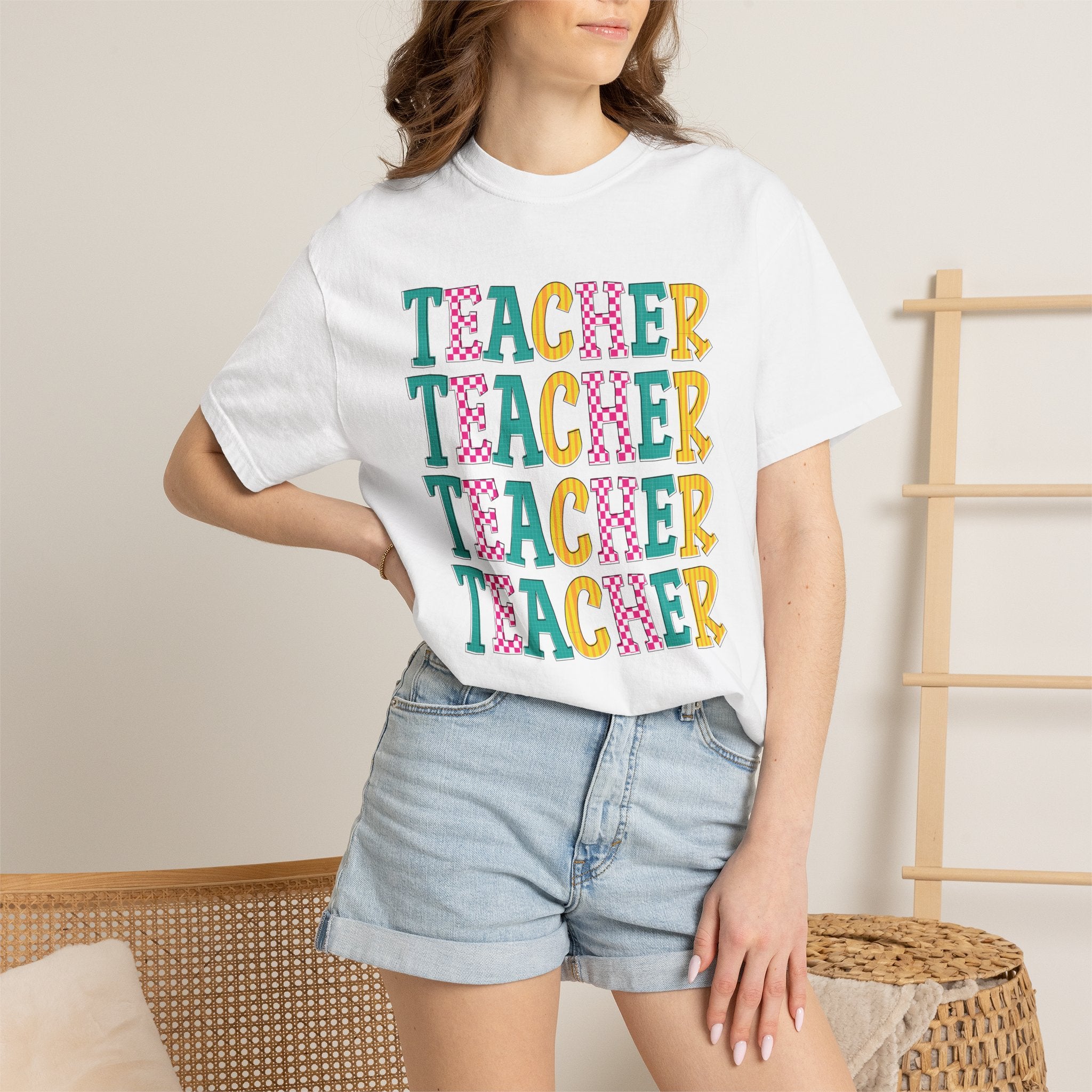 Teacher Repeat Pattern T-Shirt — Colorful Back-to-School Gift