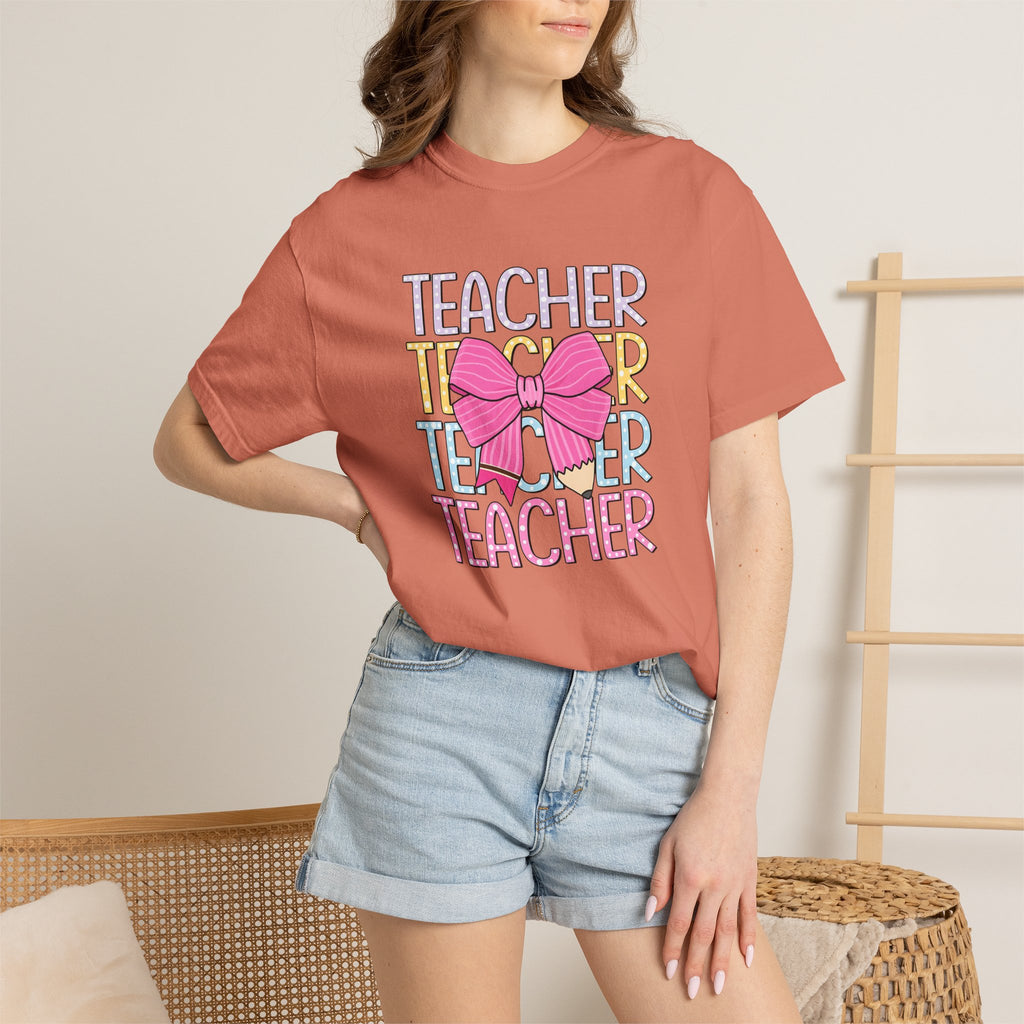 Teacher Stack with Pink Bow T-shirt | Teacher Typography Shirt