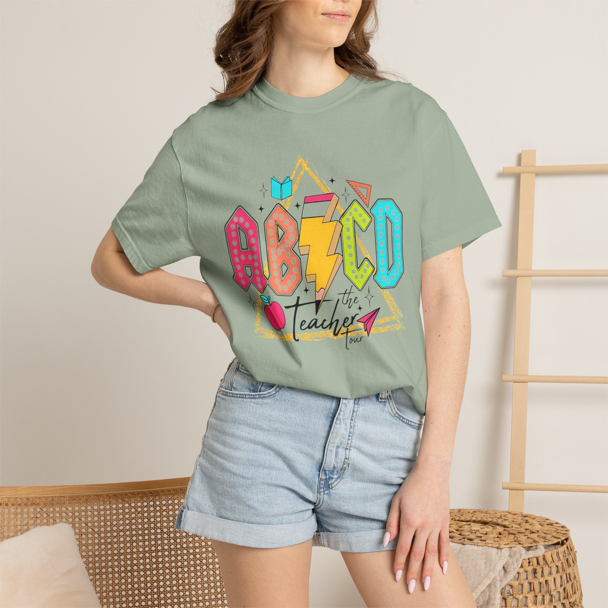 ABCD Teacher Lightning Graphic T-Shirt | Retro School Apple Pencil Design