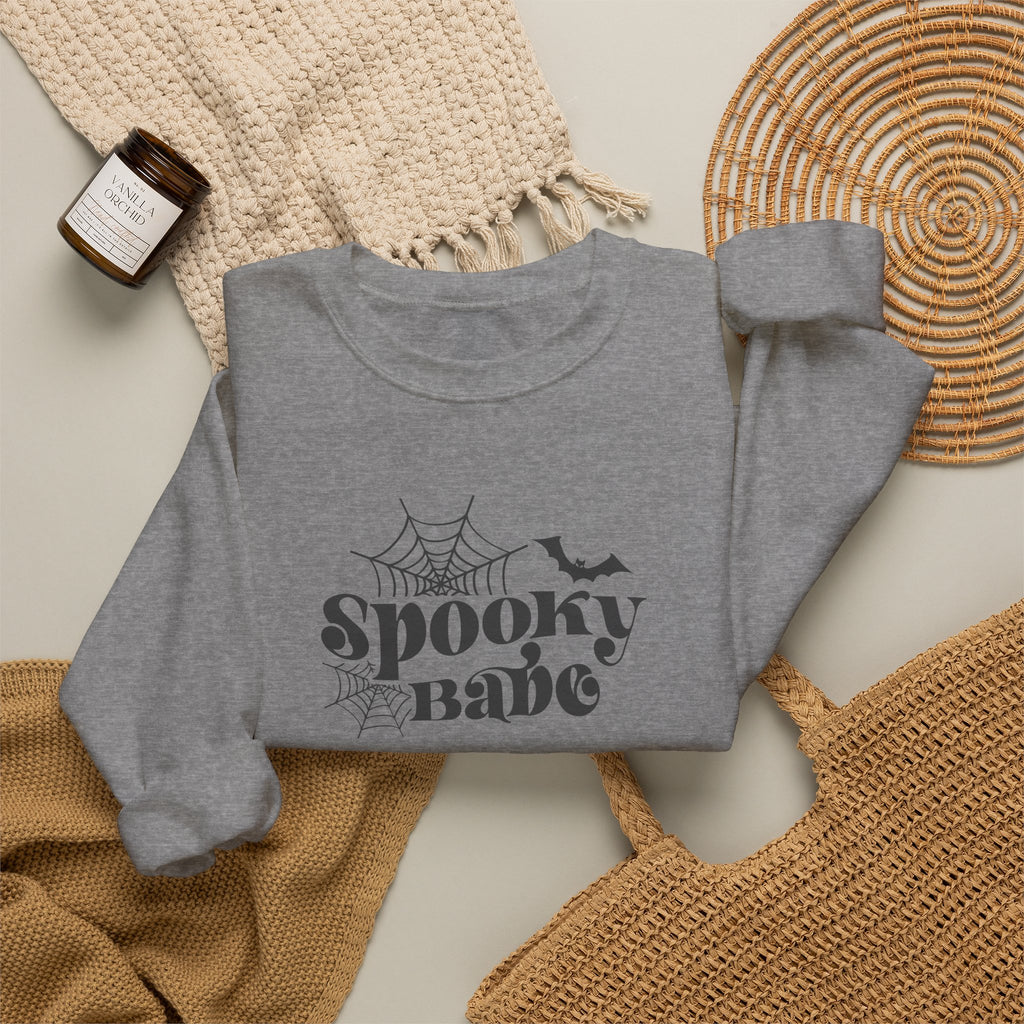 Spooky Babe Crewneck Sweatshirt — Halloween Spiderweb & Bat Graphic