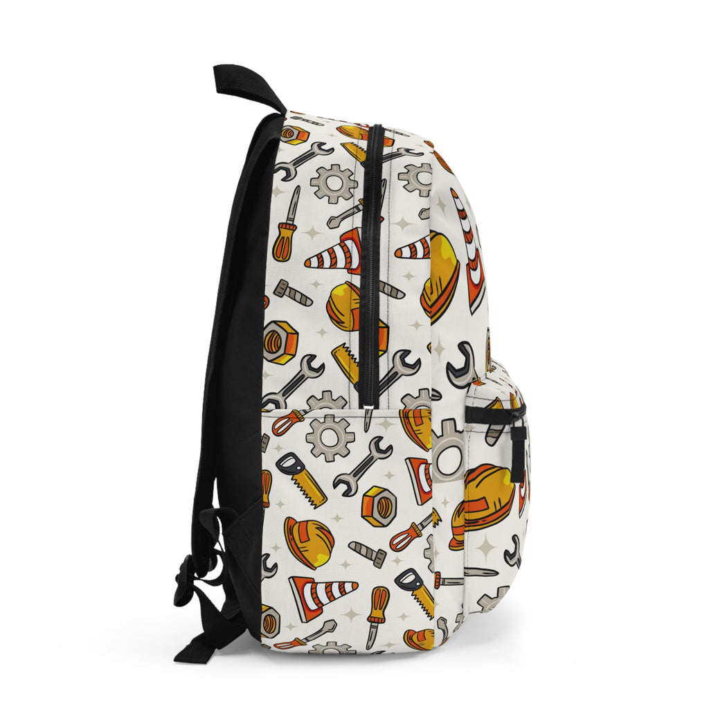 Construction Tools Backpack – Kids & Tradesman Hard Hat, Wrench & Cone Pattern