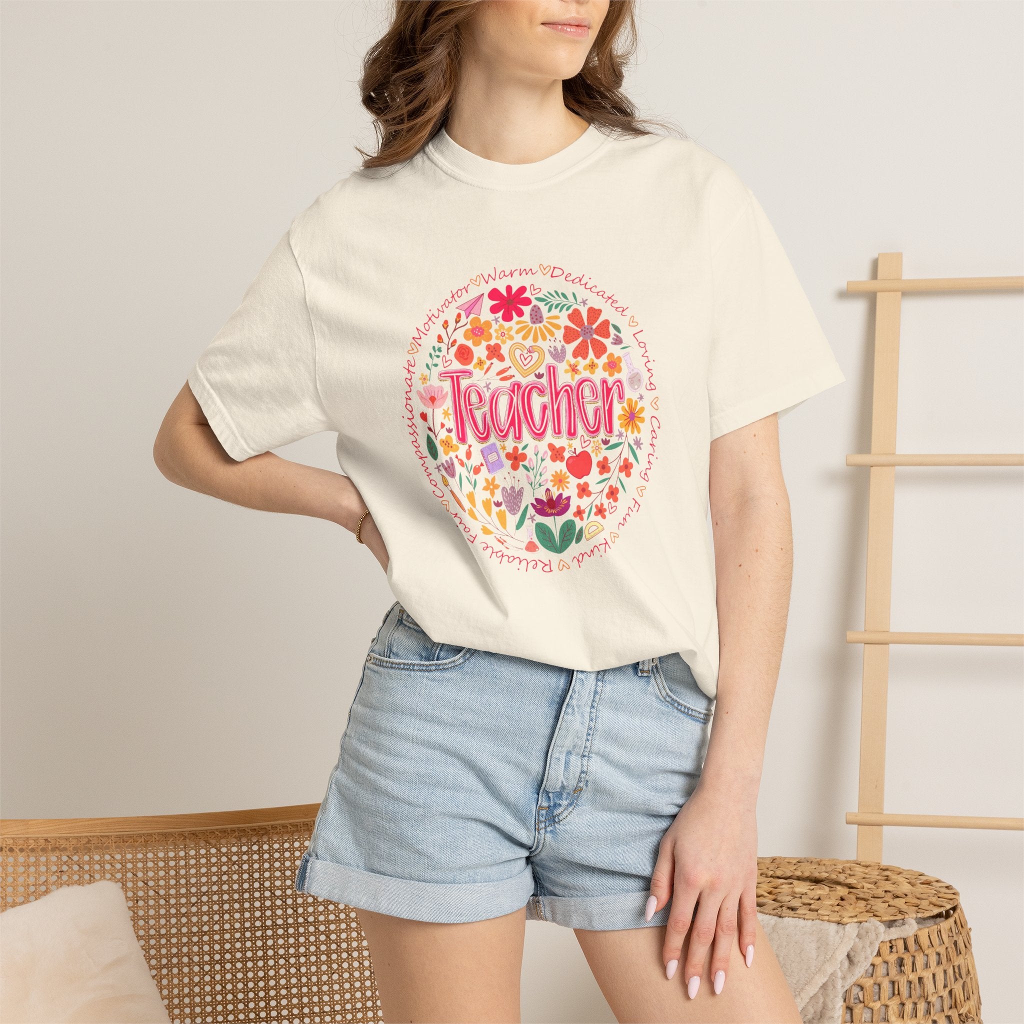 Teacher Floral Circle T-Shirt | Handlettered Teacher Typography, Bright Flower Design