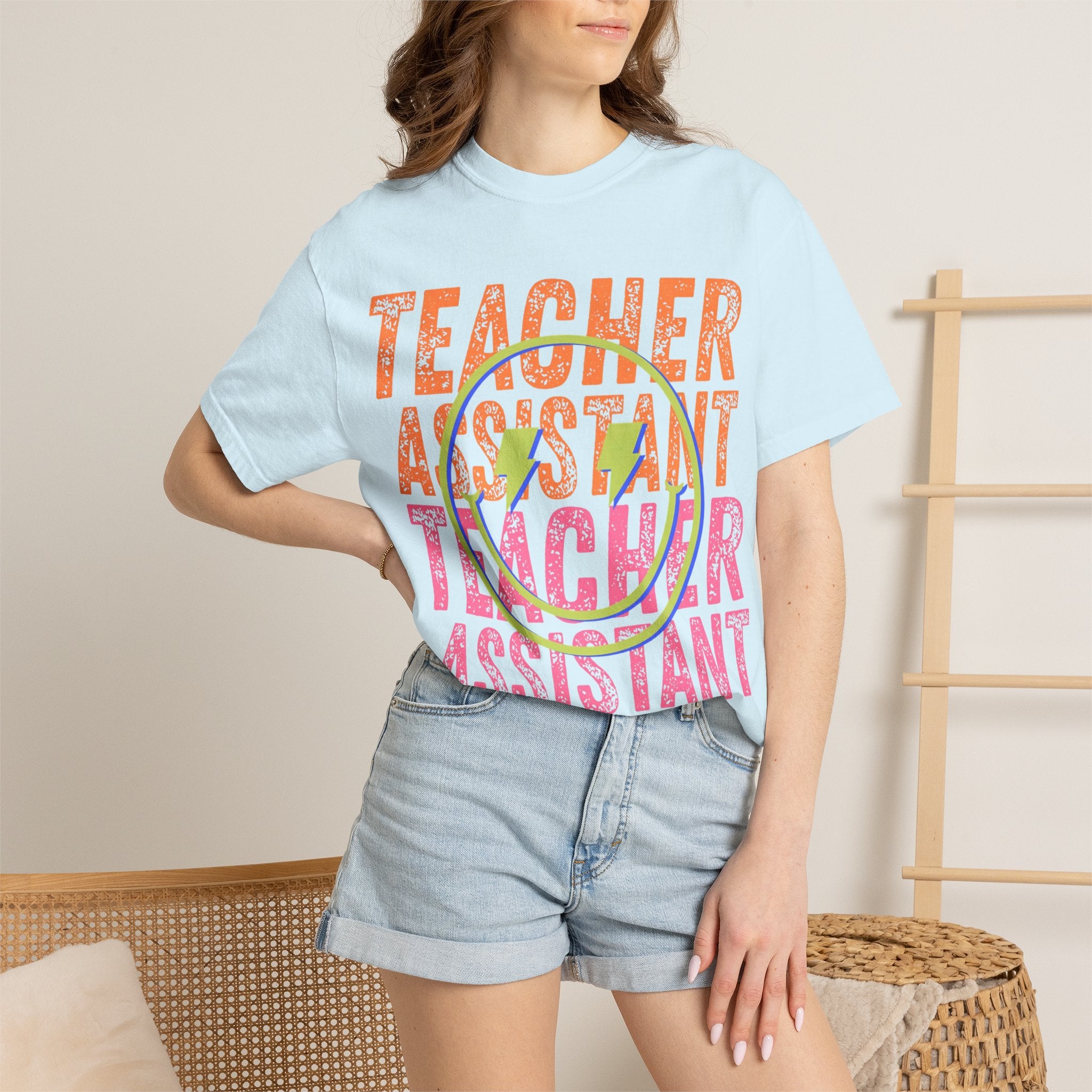 Teacher Assistant Smiley Face T-Shirt | School Staff Tee, Colorful Text