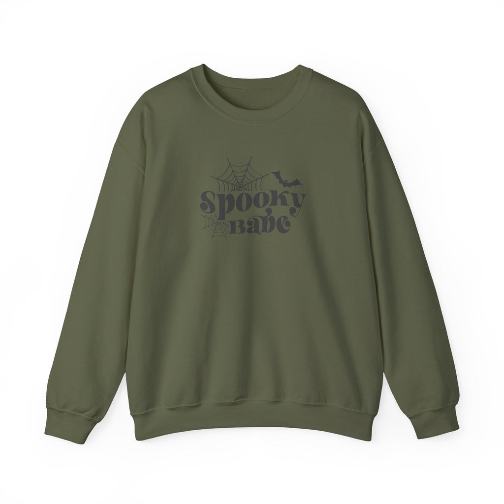Spooky Babe Crewneck Sweatshirt — Halloween Spiderweb & Bat Graphic