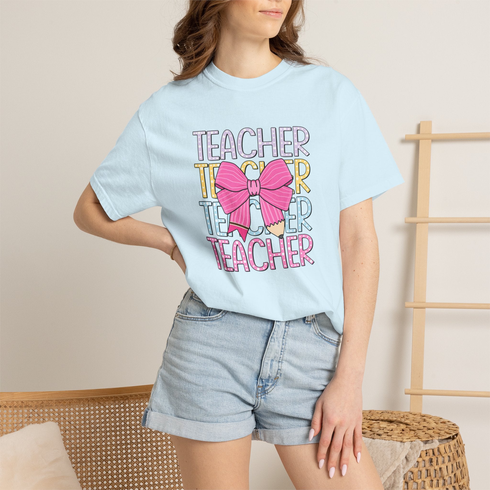 Teacher Stack with Pink Bow T-shirt | Teacher Typography Shirt