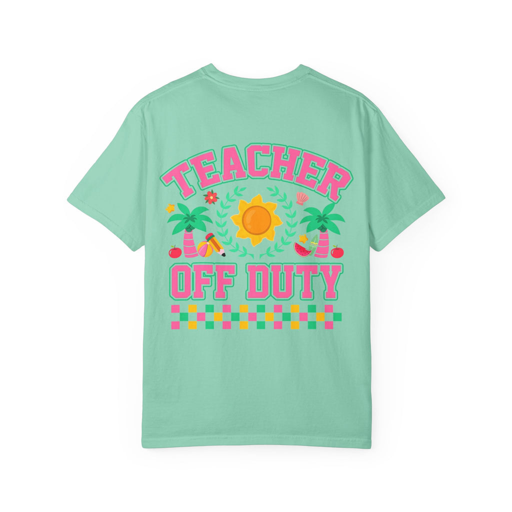 Teacher Off Duty T-Shirt | Beach Sun Palm Trees Retro Checkerboard