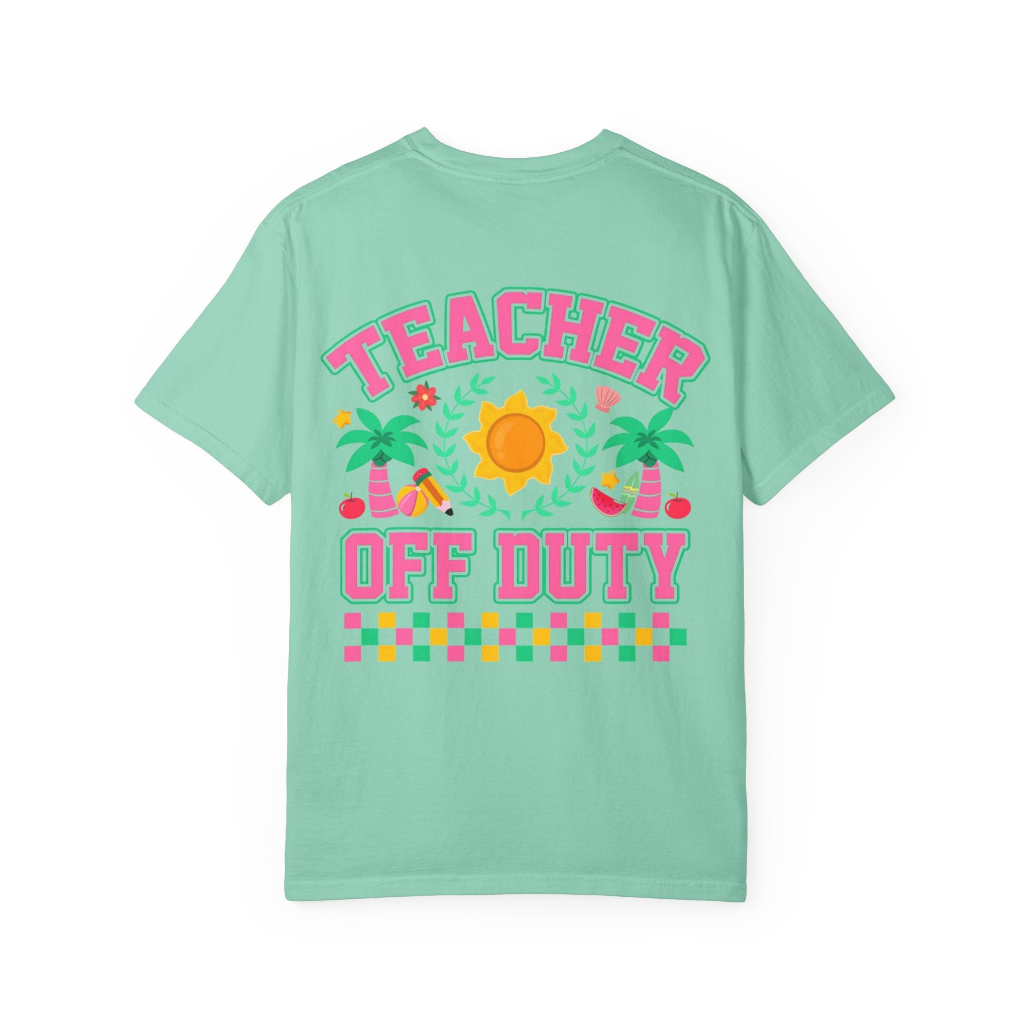 Teacher Off Duty T-Shirt | Beach Sun Palm Trees Retro Checkerboard