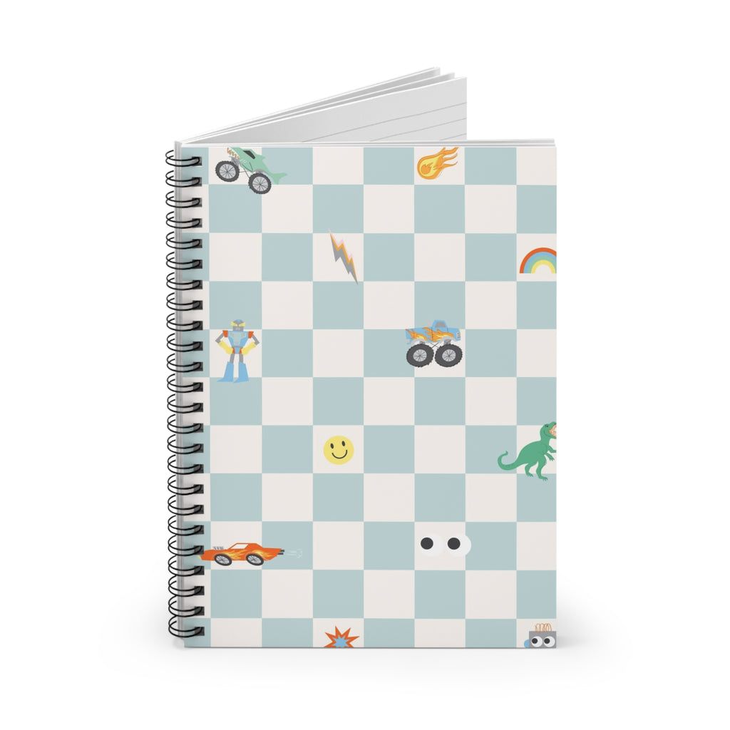 Checkerboard Kids Spiral Notebook — Playful Emoji & Race Car Ruled Journal