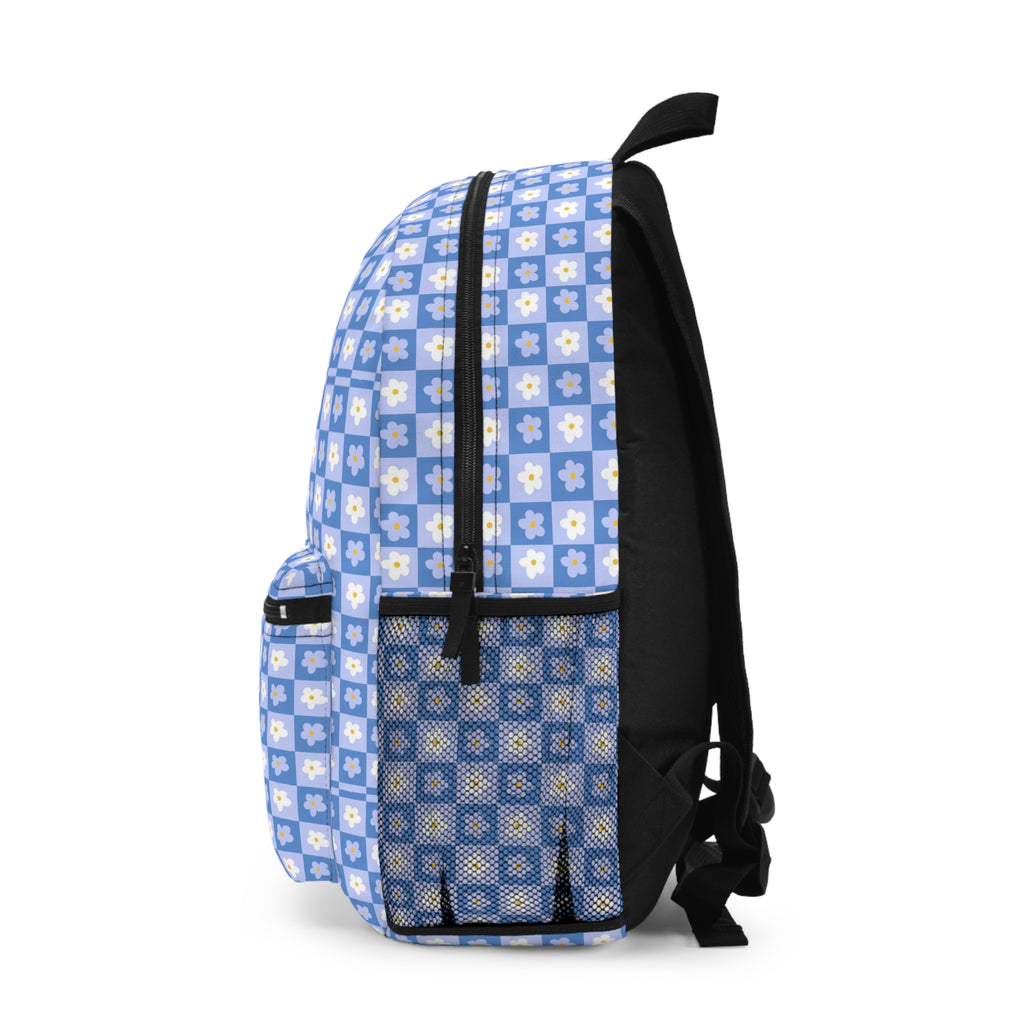 Floral Checkerboard Backpack — Blue Daisy Pattern School & Casual Bag
