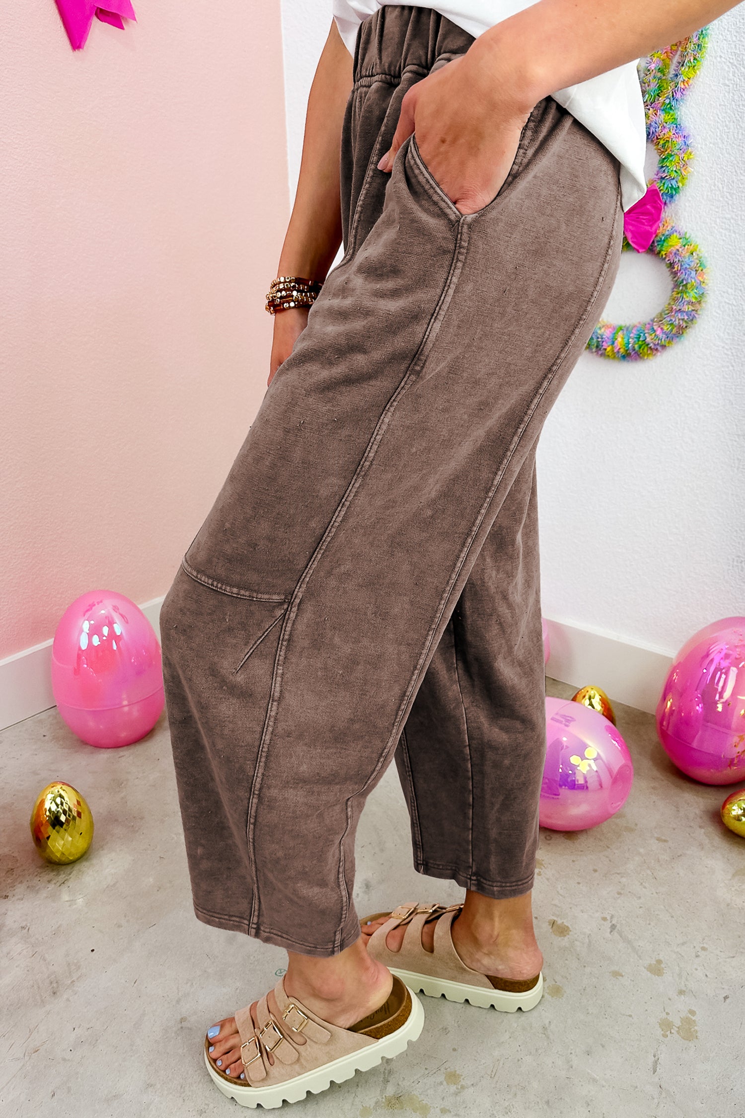 Coffee Mineral Wash Seam Detail Elastic Waist Barrel Pants