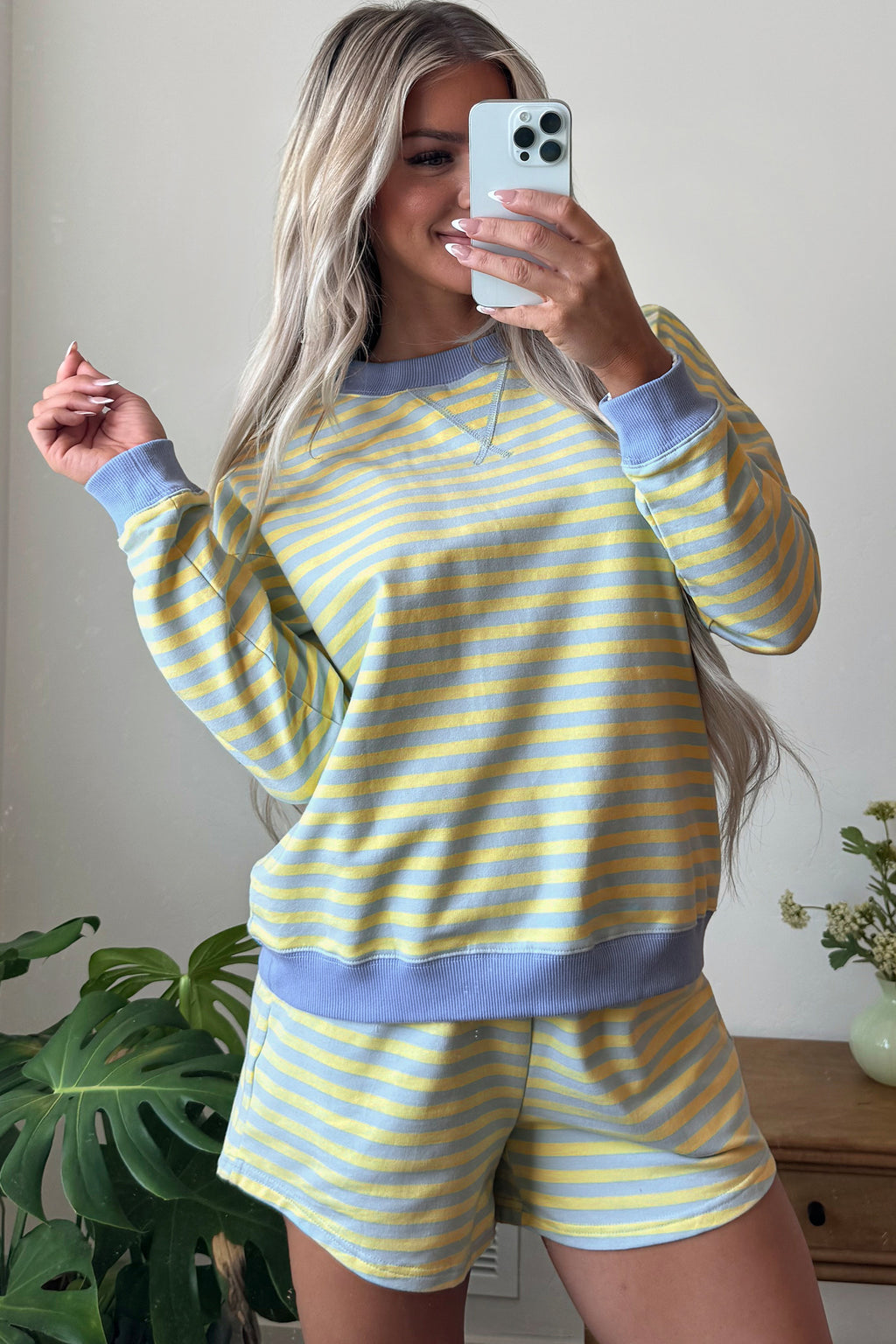 Pink Stripe Color Block Detail Long Sleeve Pullover Elastic Waist Pull On Shorts 2pcs Set