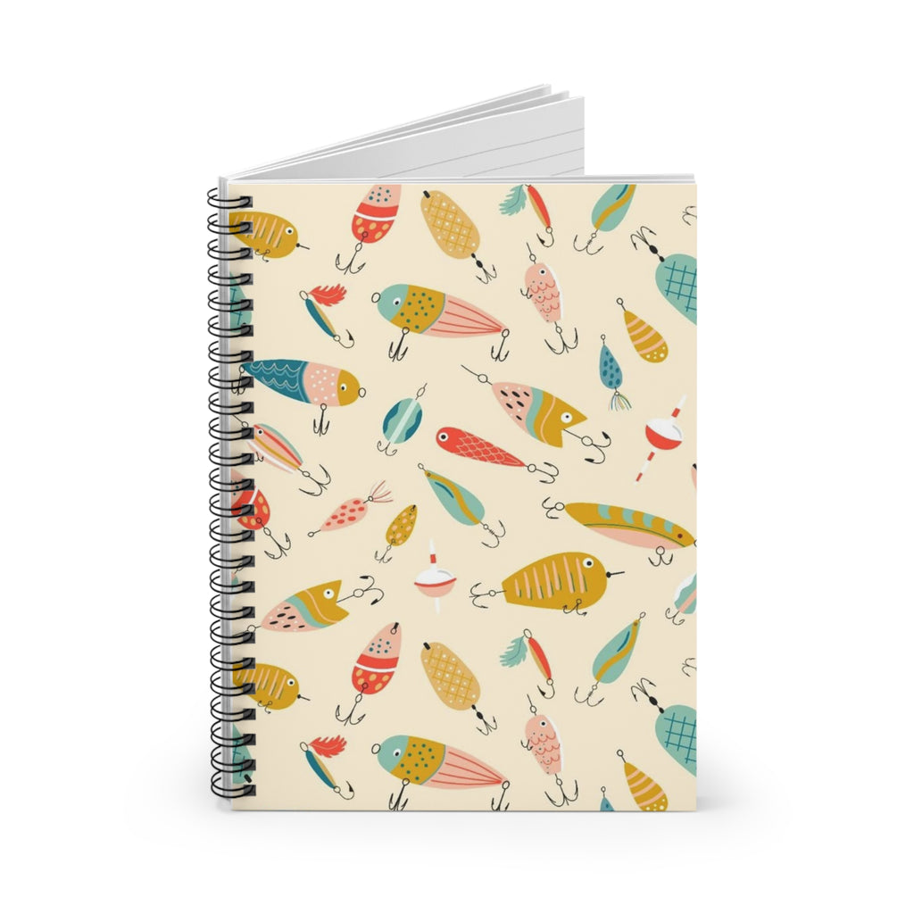 Fishing Lures Pattern Spiral Notebook — Cute Retro Bait Design, Ruled Journal for Anglers & Outdoors Lovers
