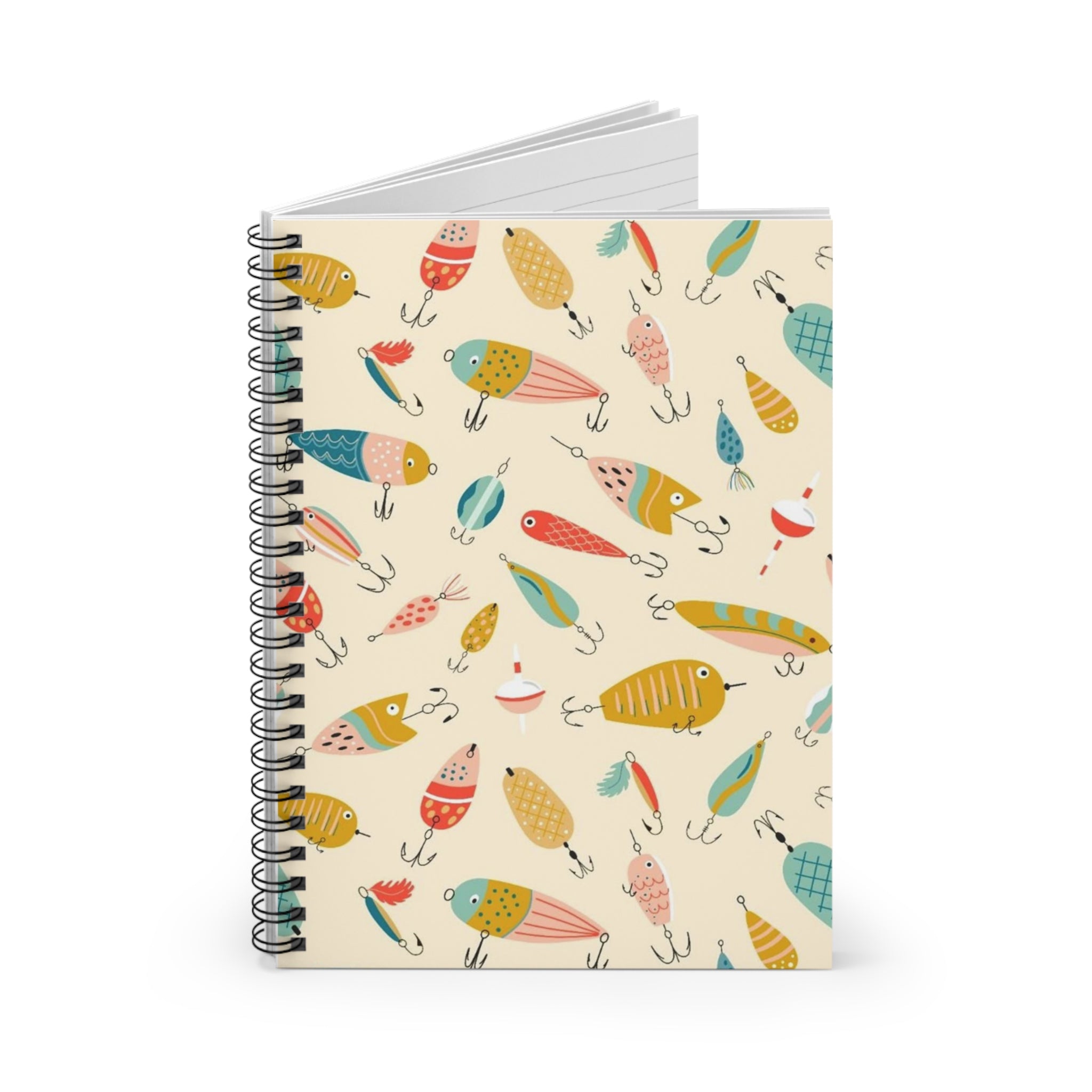 Fishing Lures Pattern Spiral Notebook — Cute Retro Bait Design, Ruled Journal for Anglers & Outdoors Lovers