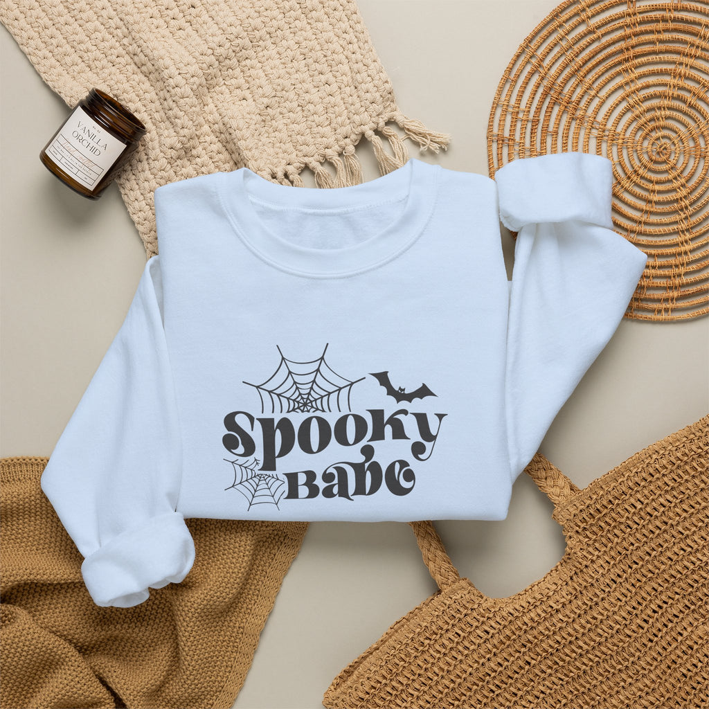 Spooky Babe Crewneck Sweatshirt — Halloween Spiderweb & Bat Graphic