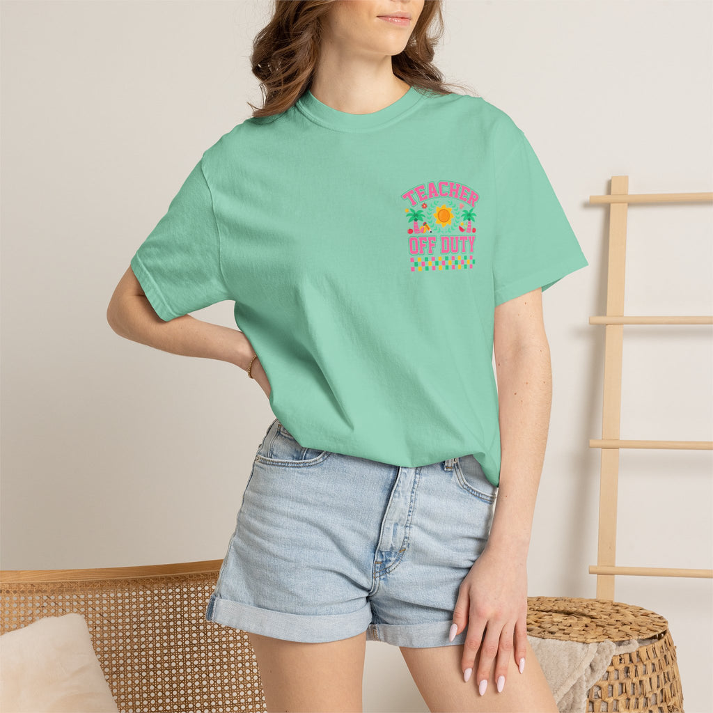 Teacher Off Duty T-Shirt | Beach Sun Palm Trees Retro Checkerboard