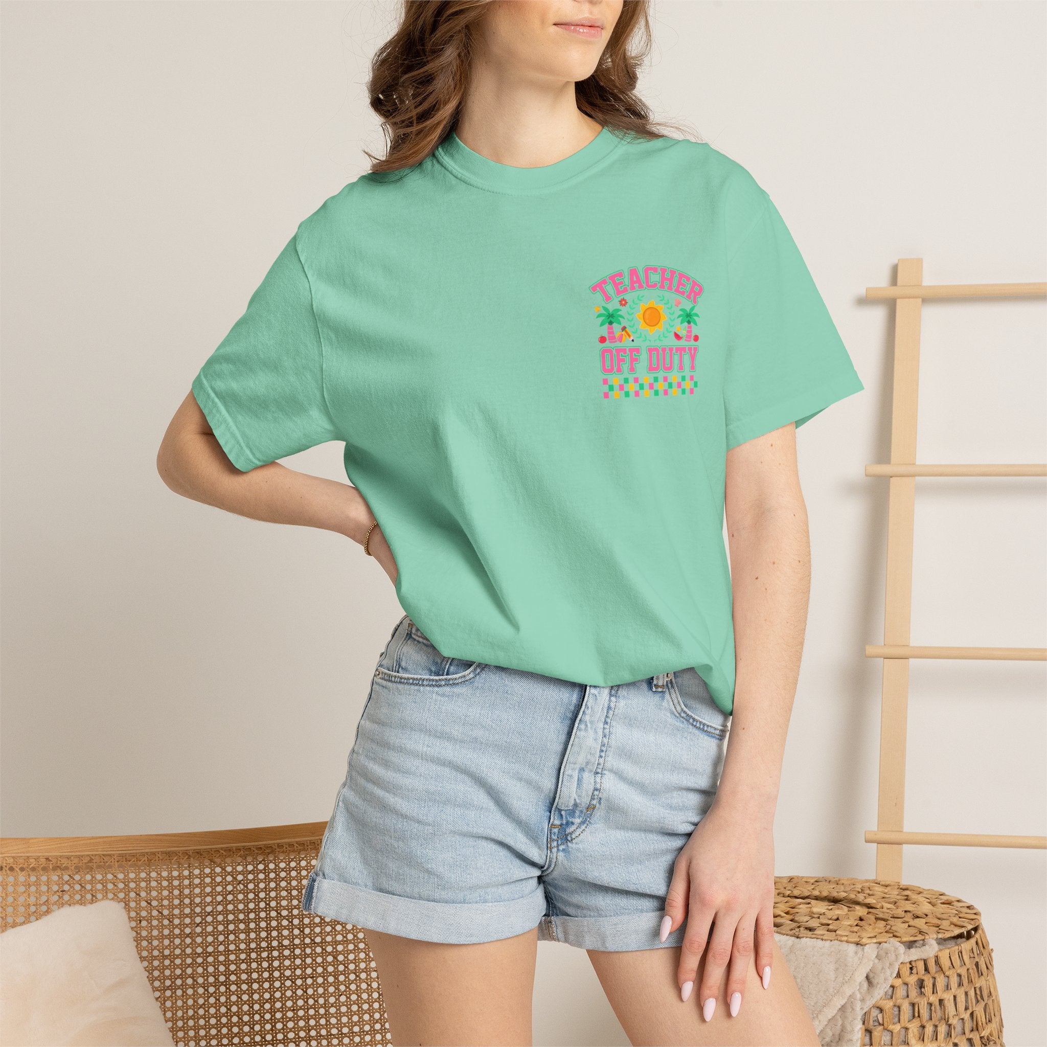 Teacher Off Duty T-Shirt | Beach Sun Palm Trees Retro Checkerboard