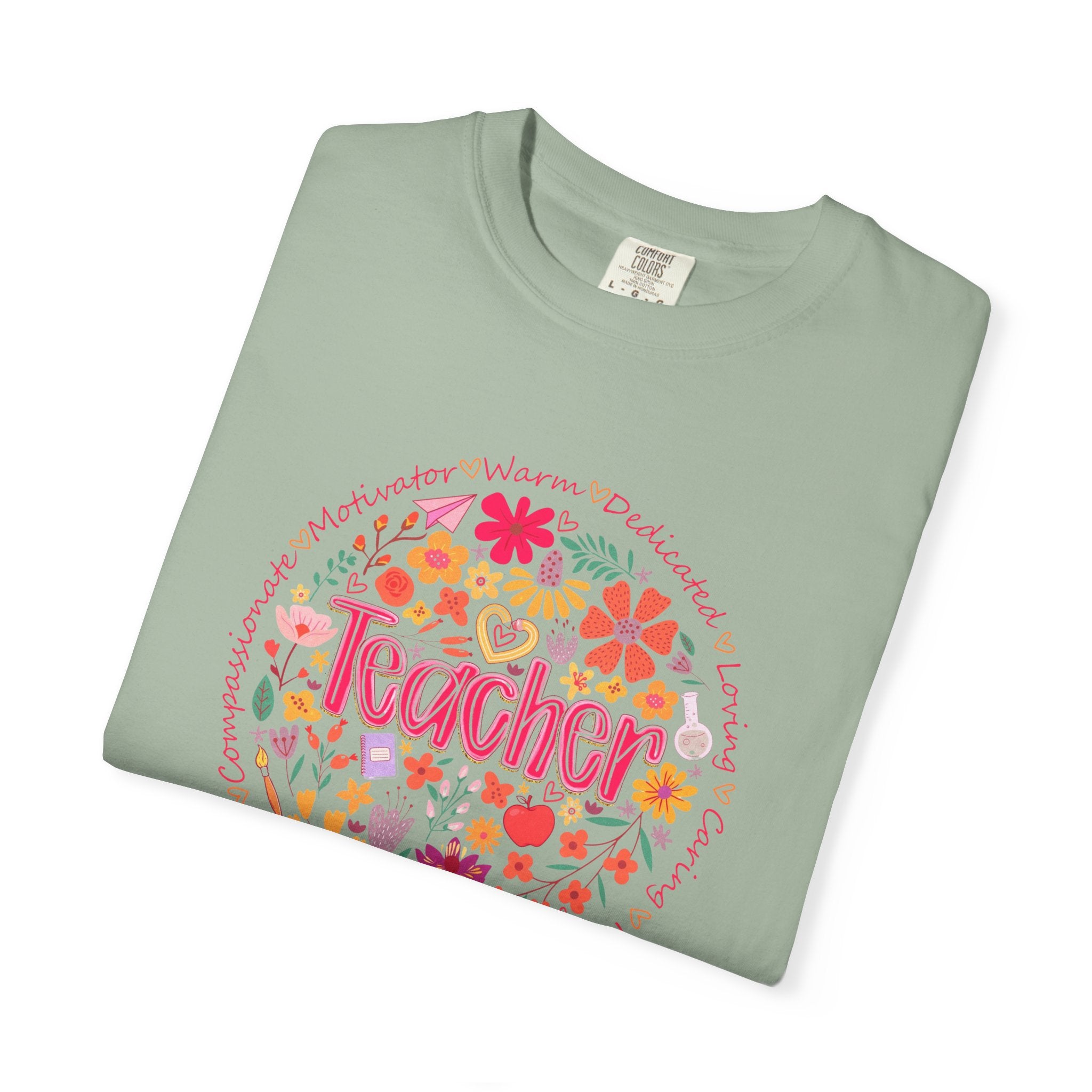 Teacher Floral Circle T-Shirt | Handlettered Teacher Typography, Bright Flower Design