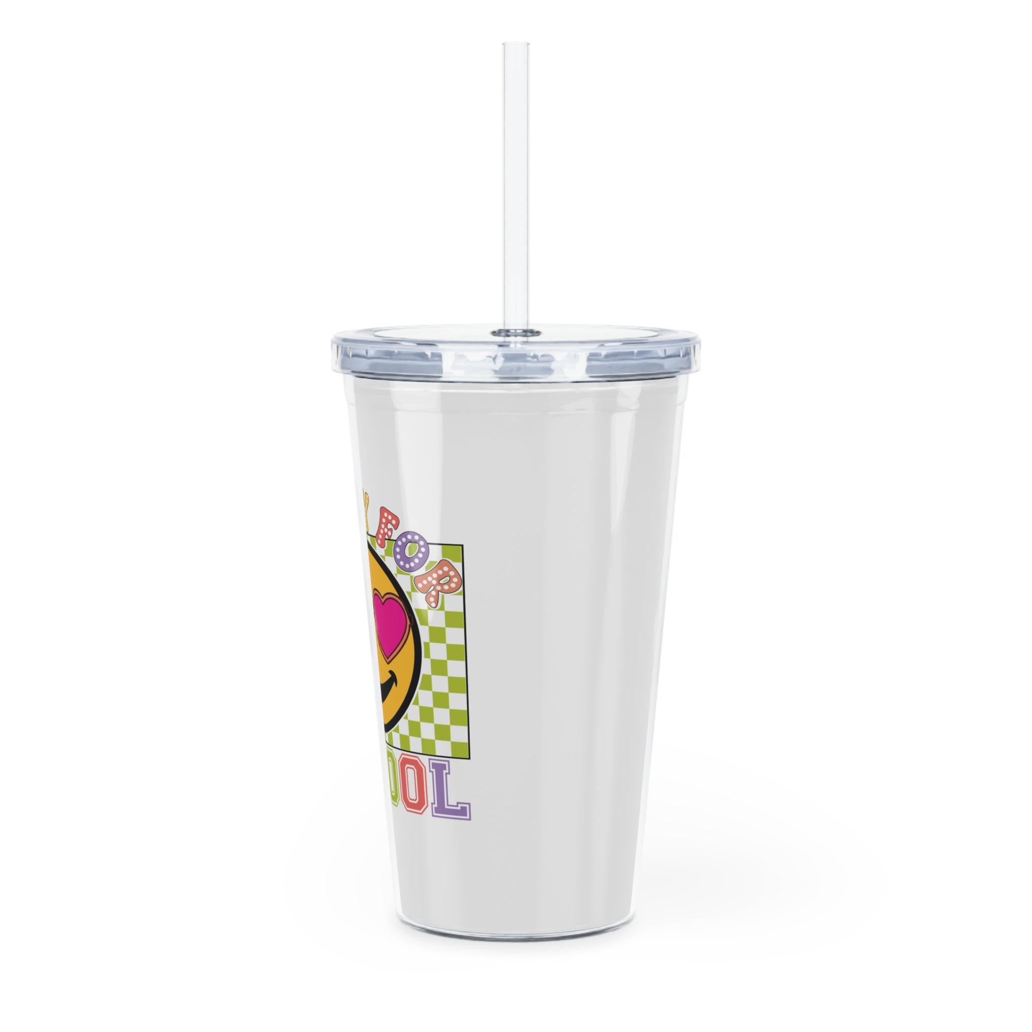 Happy for School Plastic Tumbler with Straw — Back-to-School Emoji Drink Cup