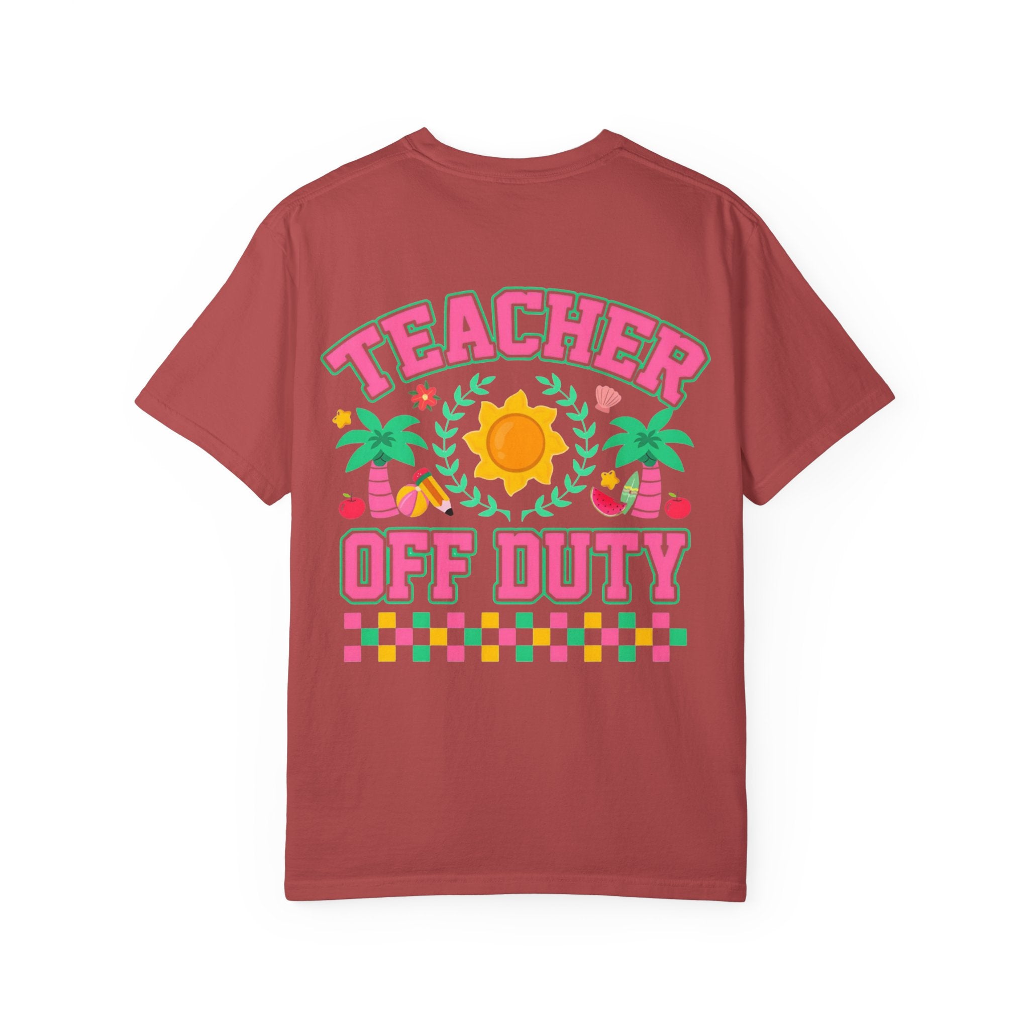 Teacher Off Duty T-Shirt | Beach Sun Palm Trees Retro Checkerboard