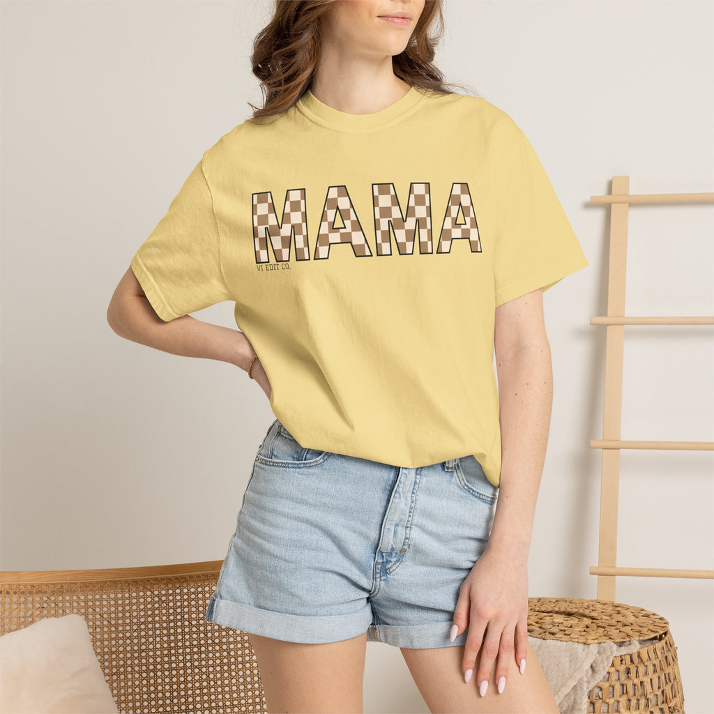 Mama Checkerboard T-Shirt | Mom Typography Tee, Neutral Plaid Letters