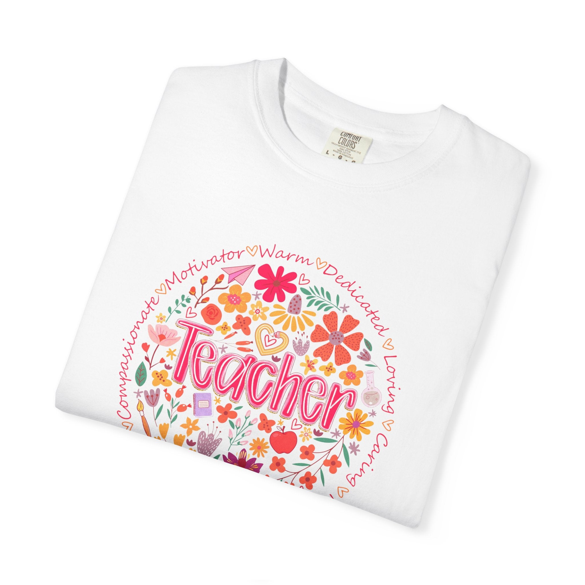 Teacher Floral Circle T-Shirt | Handlettered Teacher Typography, Bright Flower Design
