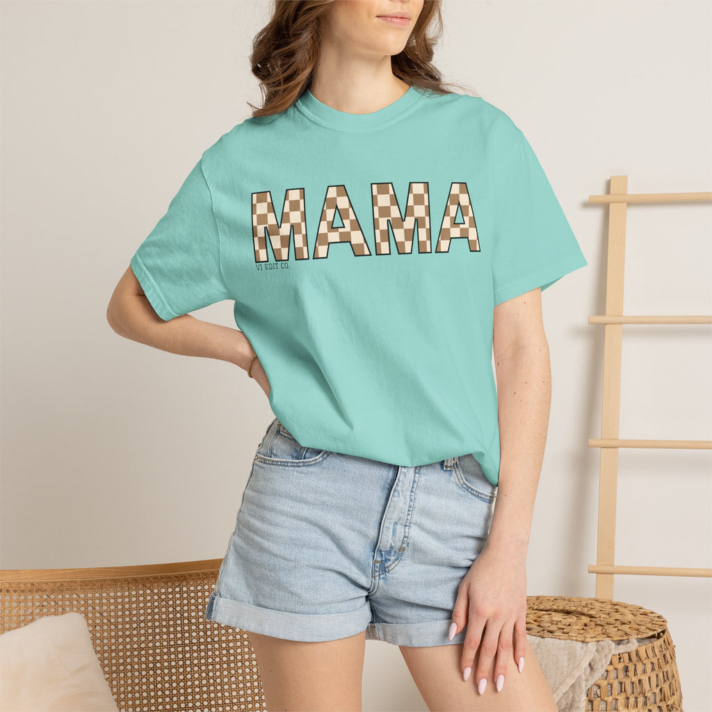 Mama Checkerboard T-Shirt | Mom Typography Tee, Neutral Plaid Letters