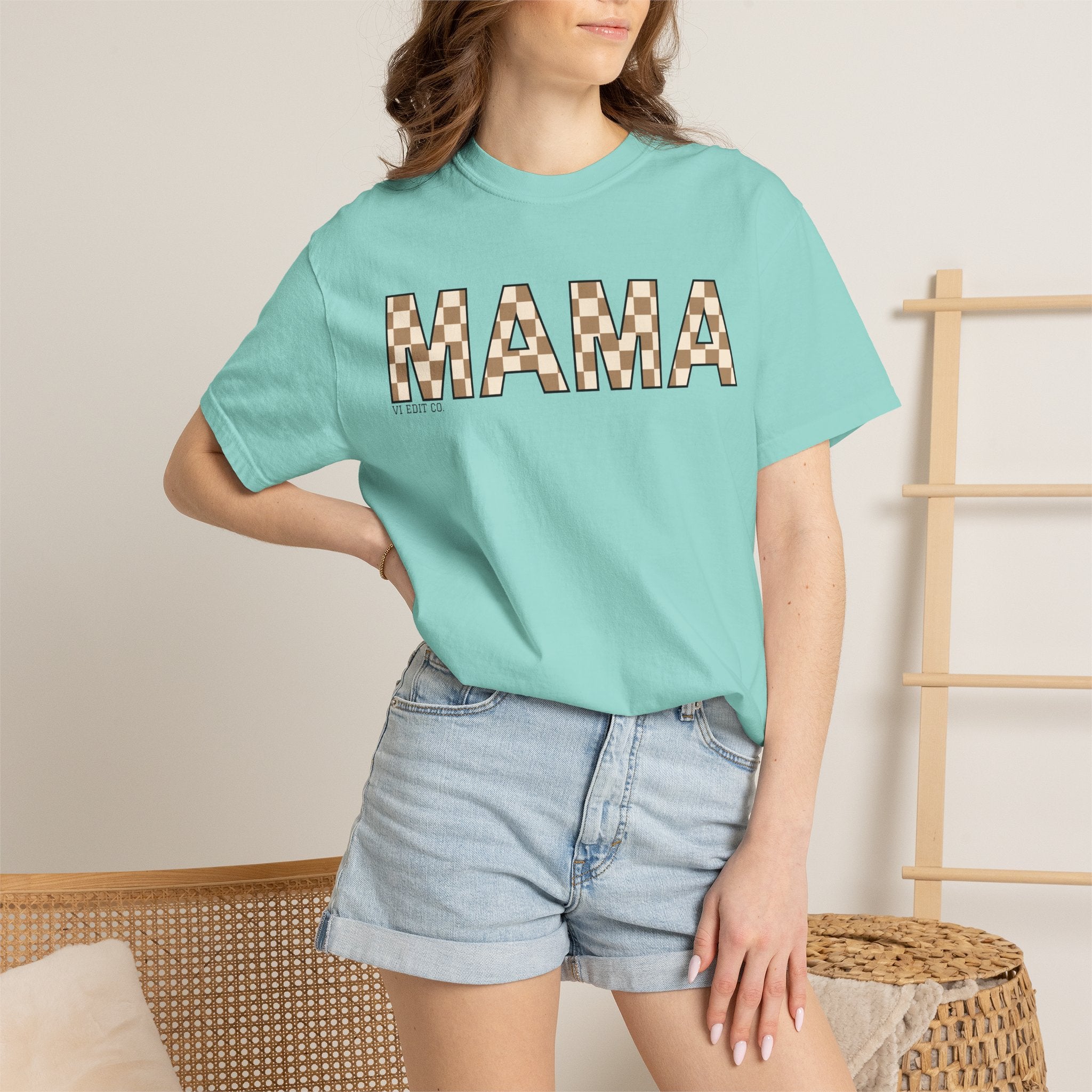 Mama Checkerboard T-Shirt | Mom Typography Tee, Neutral Plaid Letters